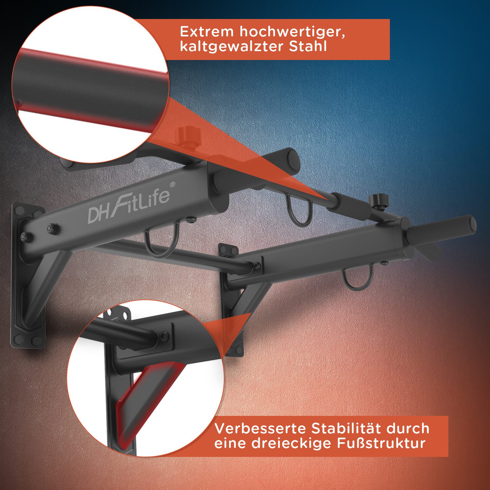 DH FitLife Klimmzugstange zur Wandmontage 4in1 mit Spreizdübel (Multifunktionale Pull-Up Bar für Zuhause bis 200kg, 6 rutschfeste Griffe), 3 Öse für Boxsack & S – Bild 4 von 5