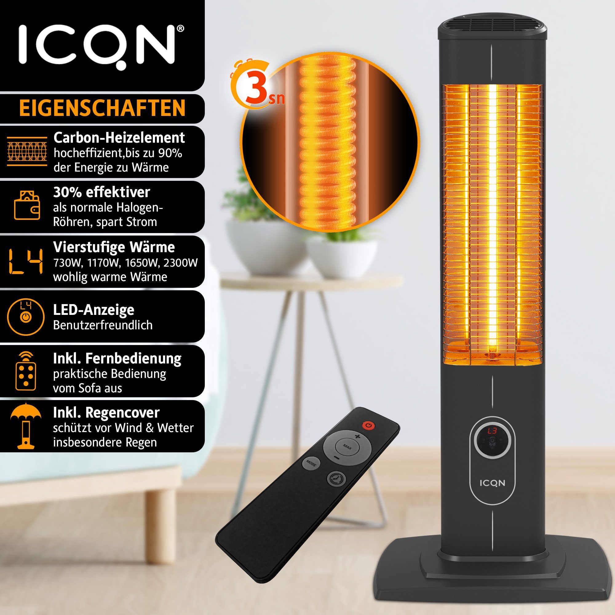 ICQN Heizstrahler IC2300.R-KABEL, Stand Heizstrahler mit Wasserdicht Schutz günstig online kaufen