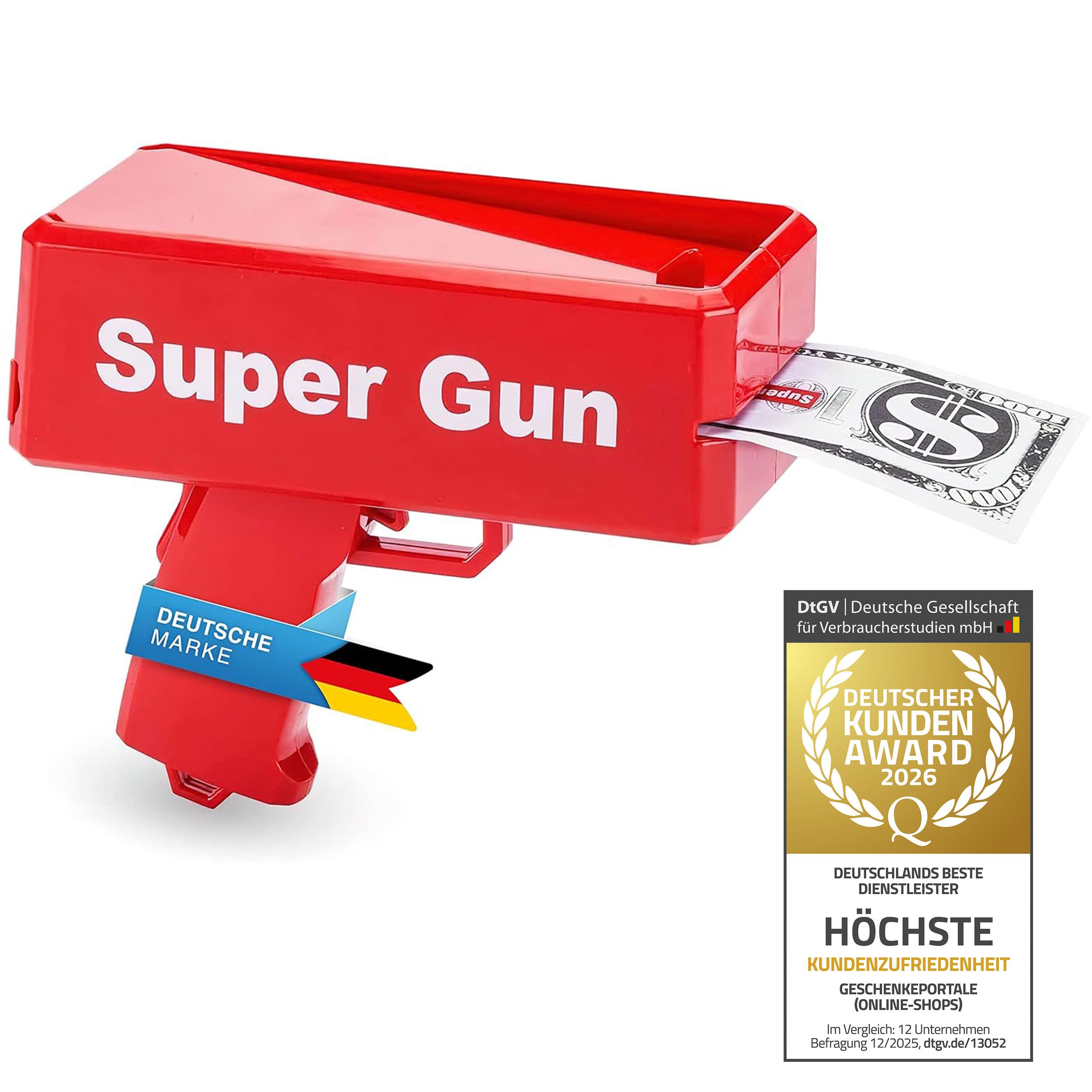 Goods+Gadgets Spielgeld GOODS+GADGETS Super Money Gun–Spielgeld Waffe & Cash-Shooter für Spaß, Spielzeug Geld Pistole Party Revolver