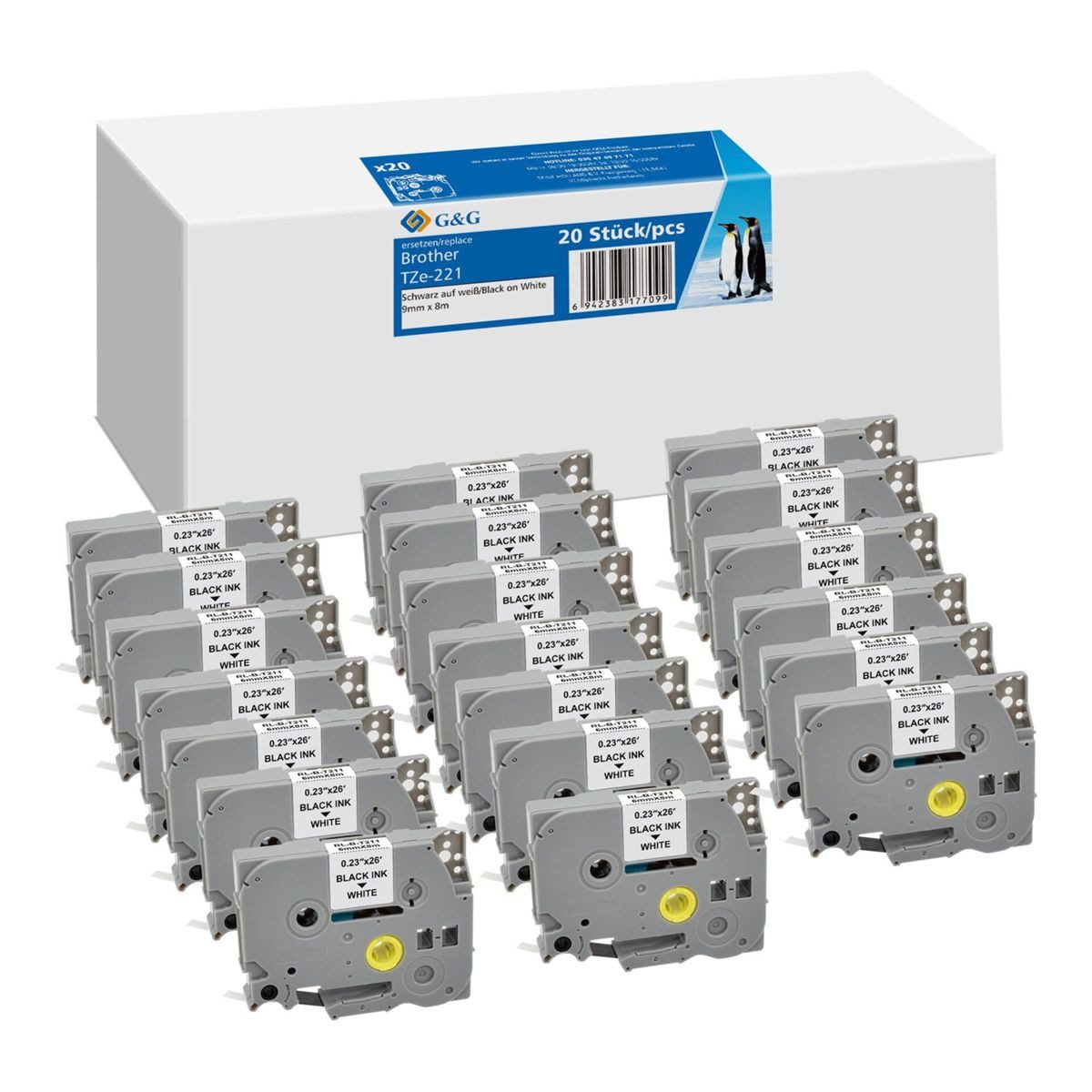 G&G Beschriftungsband 20x Schriftband 9mm x 8m sw- ws komp. m. Brother