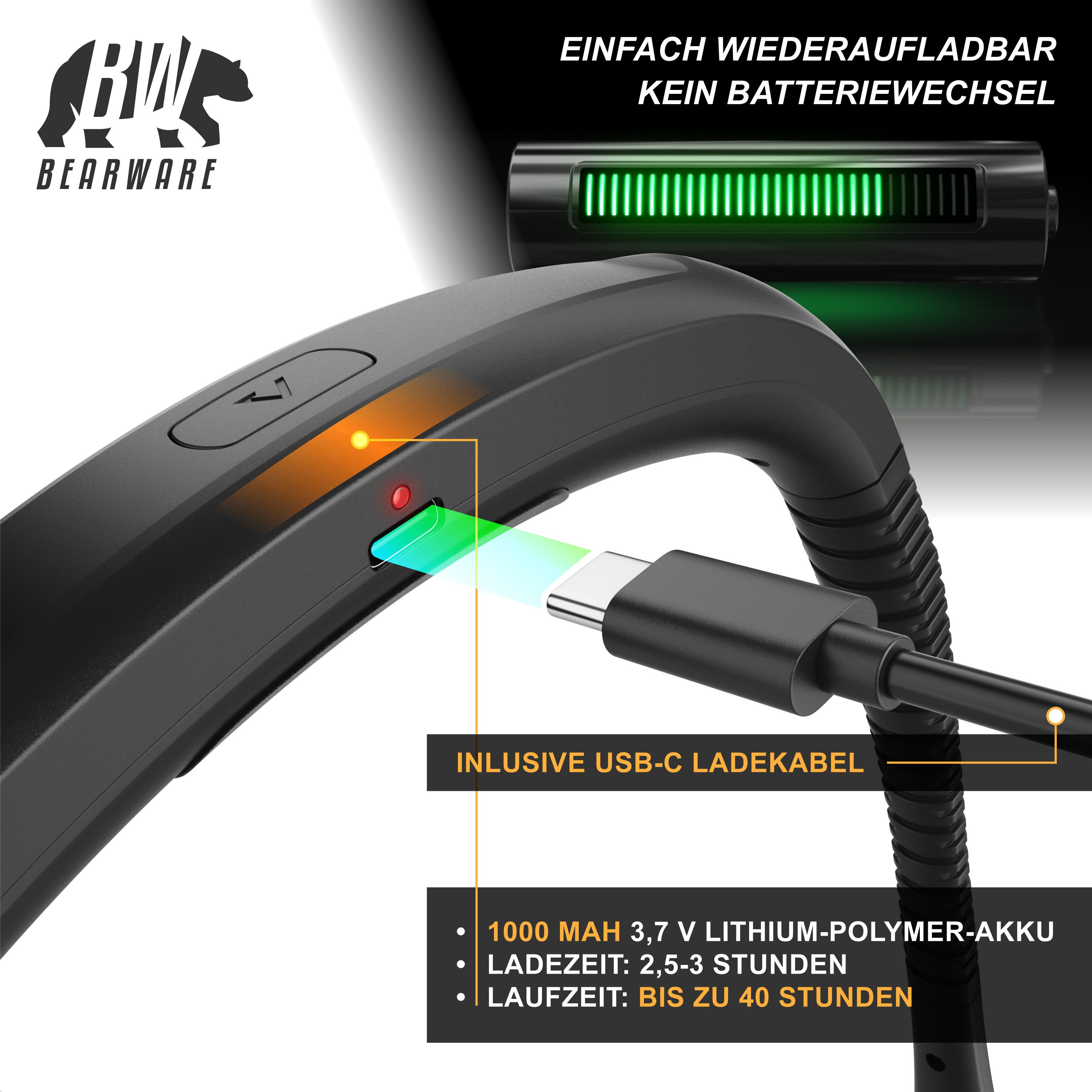 BEARWARE LED Leselampe Nackenlicht für Handarbeit, Stricken & Buch Lesen, flexibel, für Hals, Dimmfunktion; Farbwechsel, LED fest integriert, Neutralweiß, Kaltweiß, Farbwechsler, 3 Helligkeitsstufen, 3 Lichtfarben, 1000mAh Akku, USB-C, augenschonend