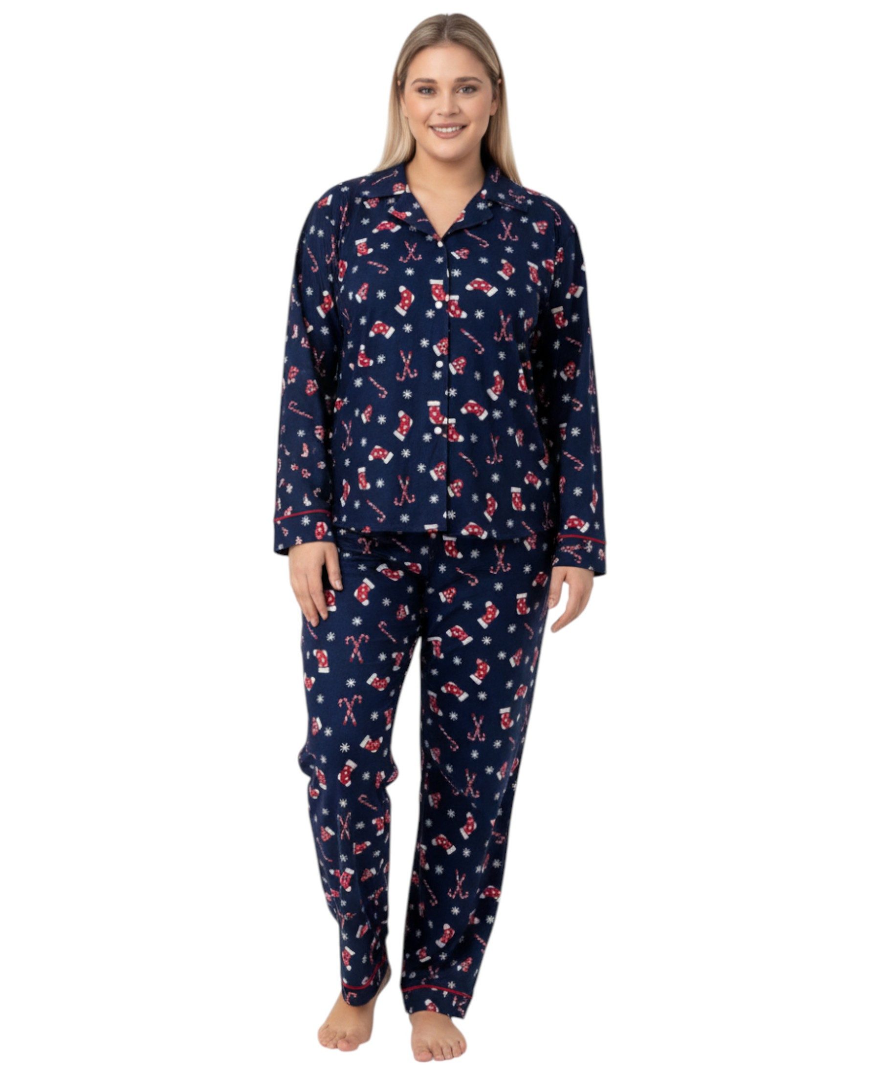 Pyjama Hausanzug Damen Schlafanzug mit Weihnachtsmotiven, weiches Winter-Set