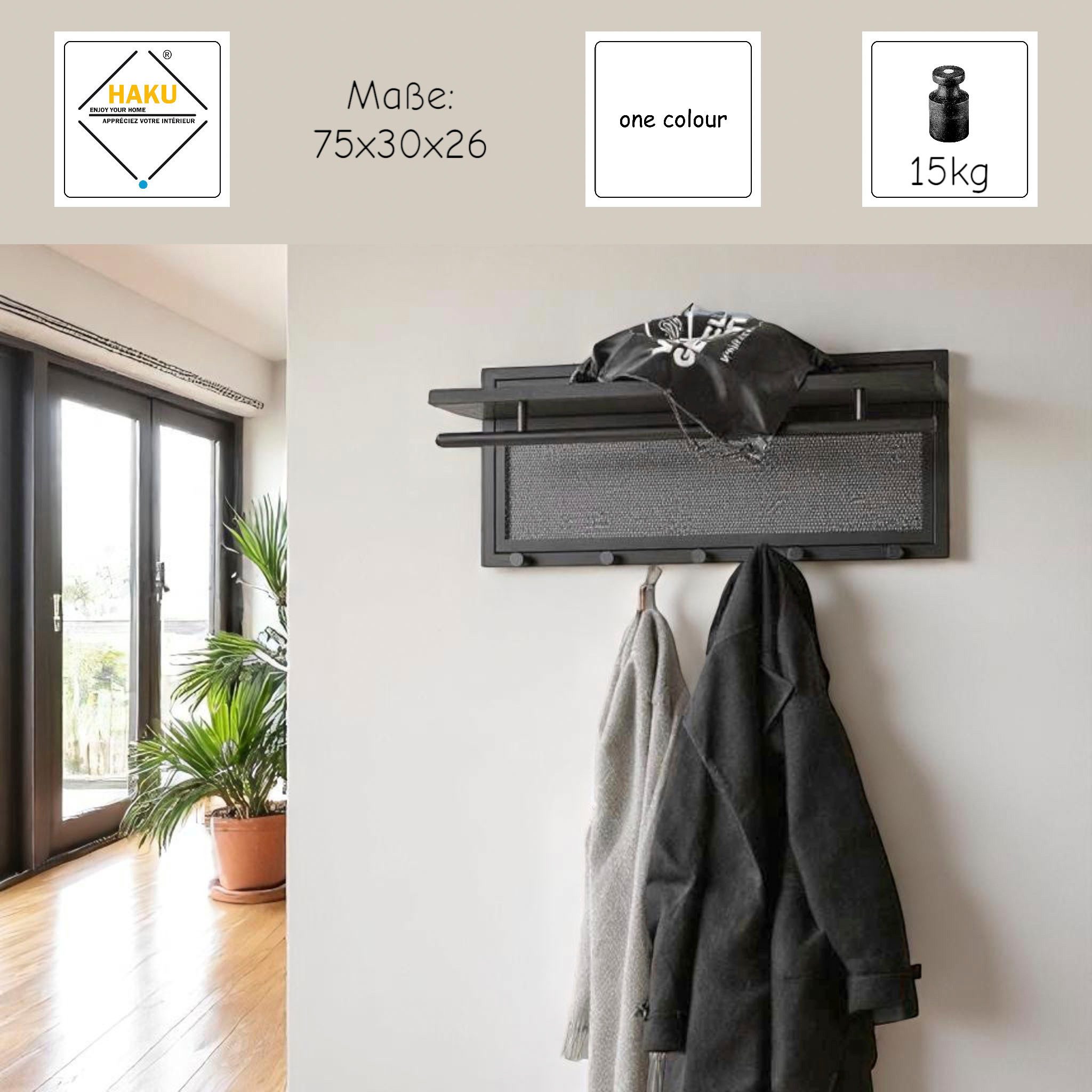 HAKU Wandgarderobe (1 St), rechteckig- aus Textil Grau - B/T/H 60/50/173 cm