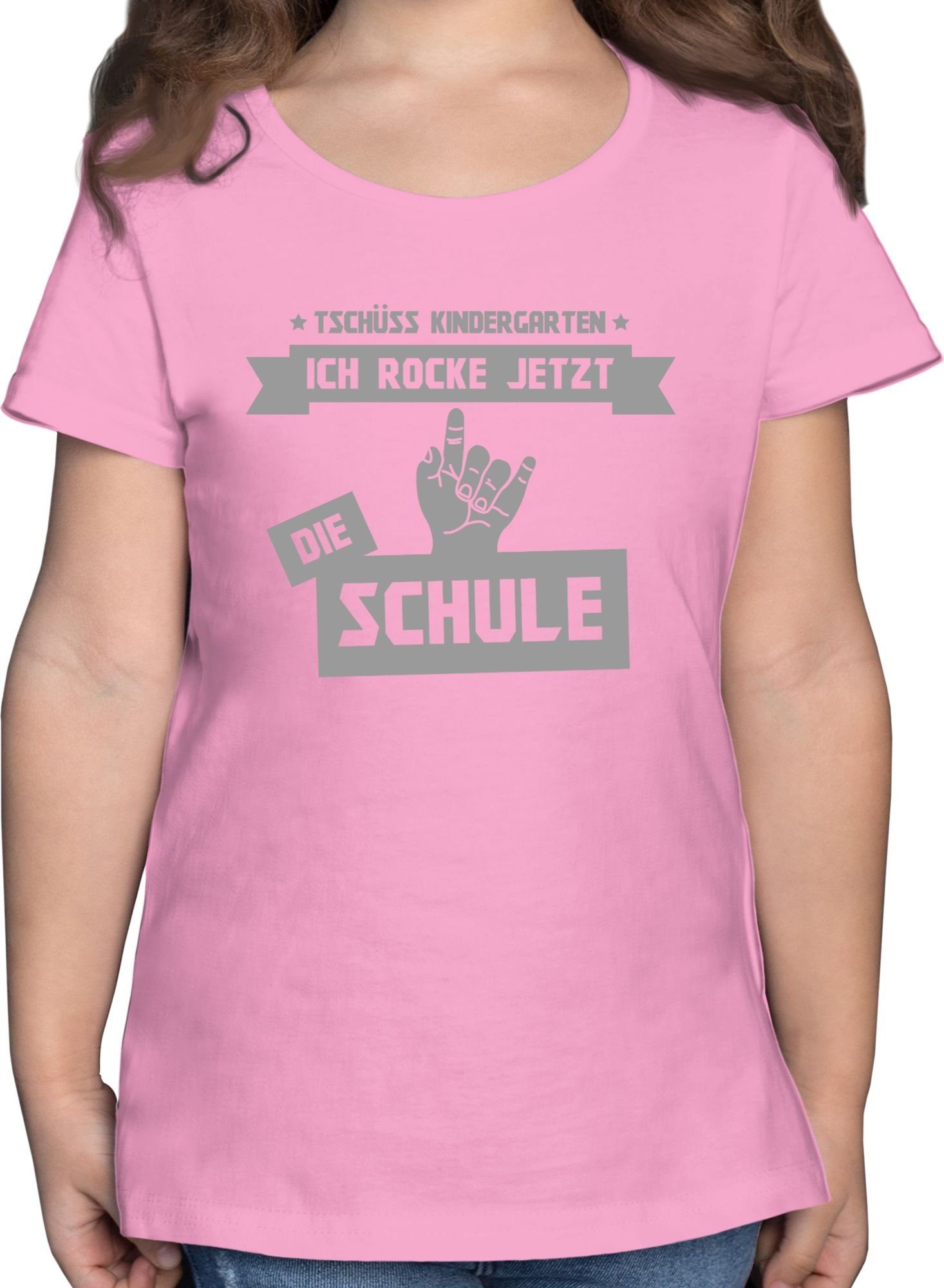 Shirtracer T-Shirt Tschüss Kindergarten ich rocke jetzt die Schule Einschulung Mädchen 1 Rosa