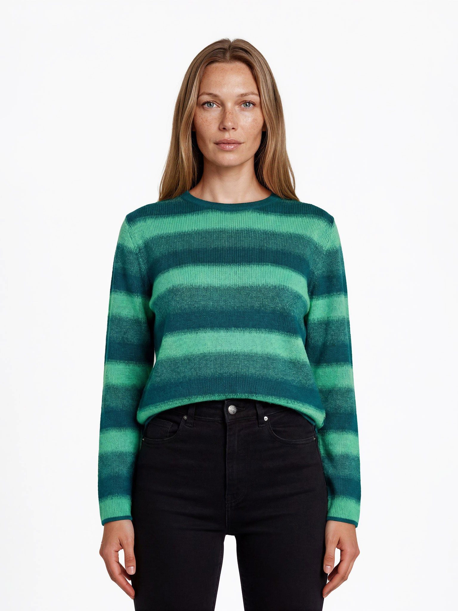 FRISTED Sweater Damen Rundhals Relaxed Fit Langarm Bio-Baumwolle Streifen Lockere Passform mit zurückversetzten Schultern und Melange-Strick