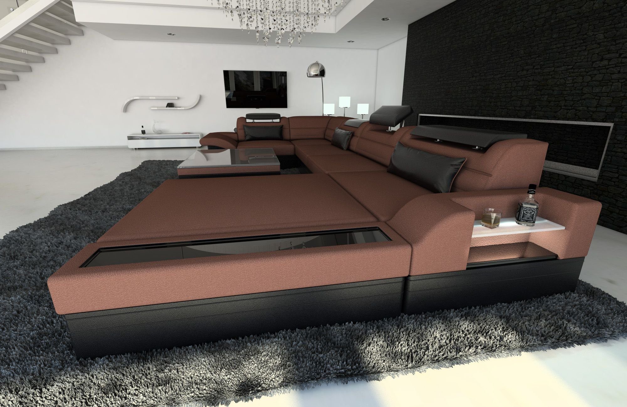 Sofa Dreams mit LED, Mezzo Hellbraun-Schwarz Designersofa Stoffsofa, Couch mit Bettfunktion C69 Schlafsofa, Stoff wahlweise als U Sofa Wohnlandschaft Form