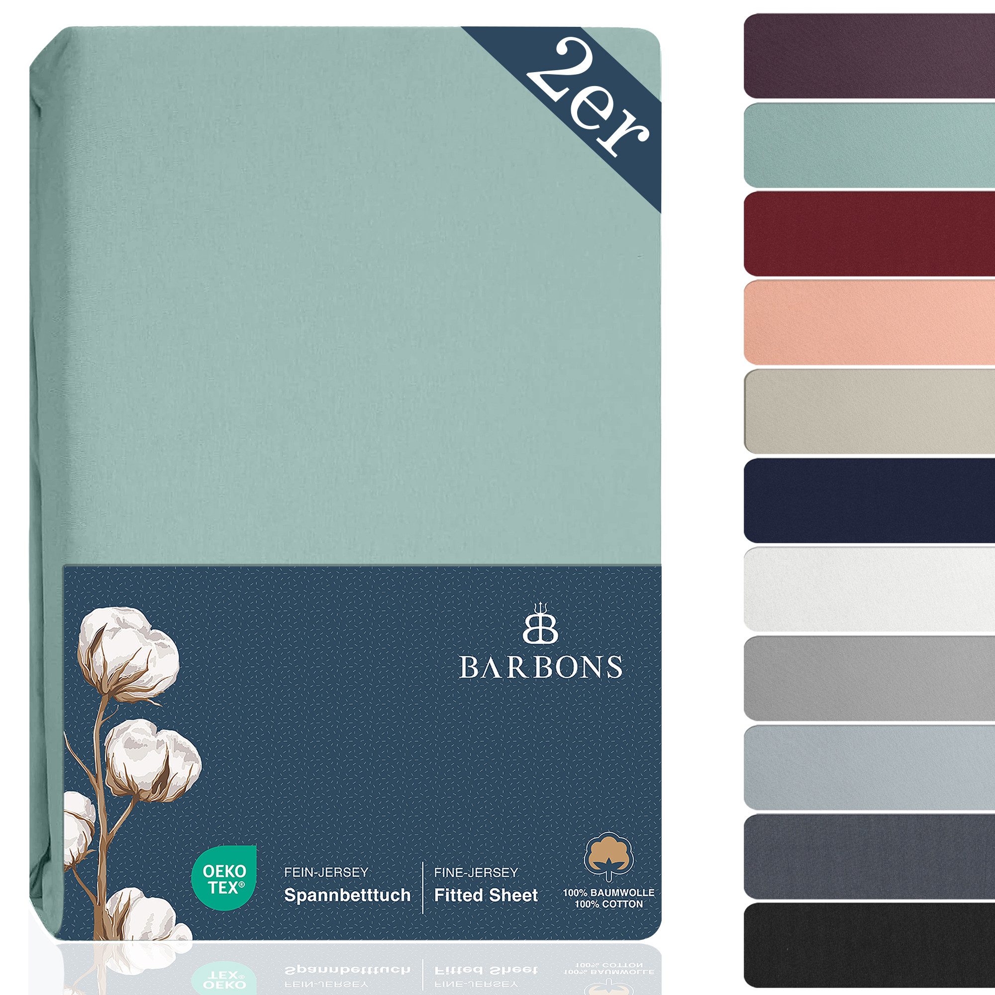 BARBONS Spannbettlaken Jersey 2er Bettlaken, 145 g/m² Spannbetttuch, bis zu 25cm Höhe, Topper, 100% Baumwolle, Gummizug: rundum, (2 Stück), Rundgummi, Atmungsaktiv