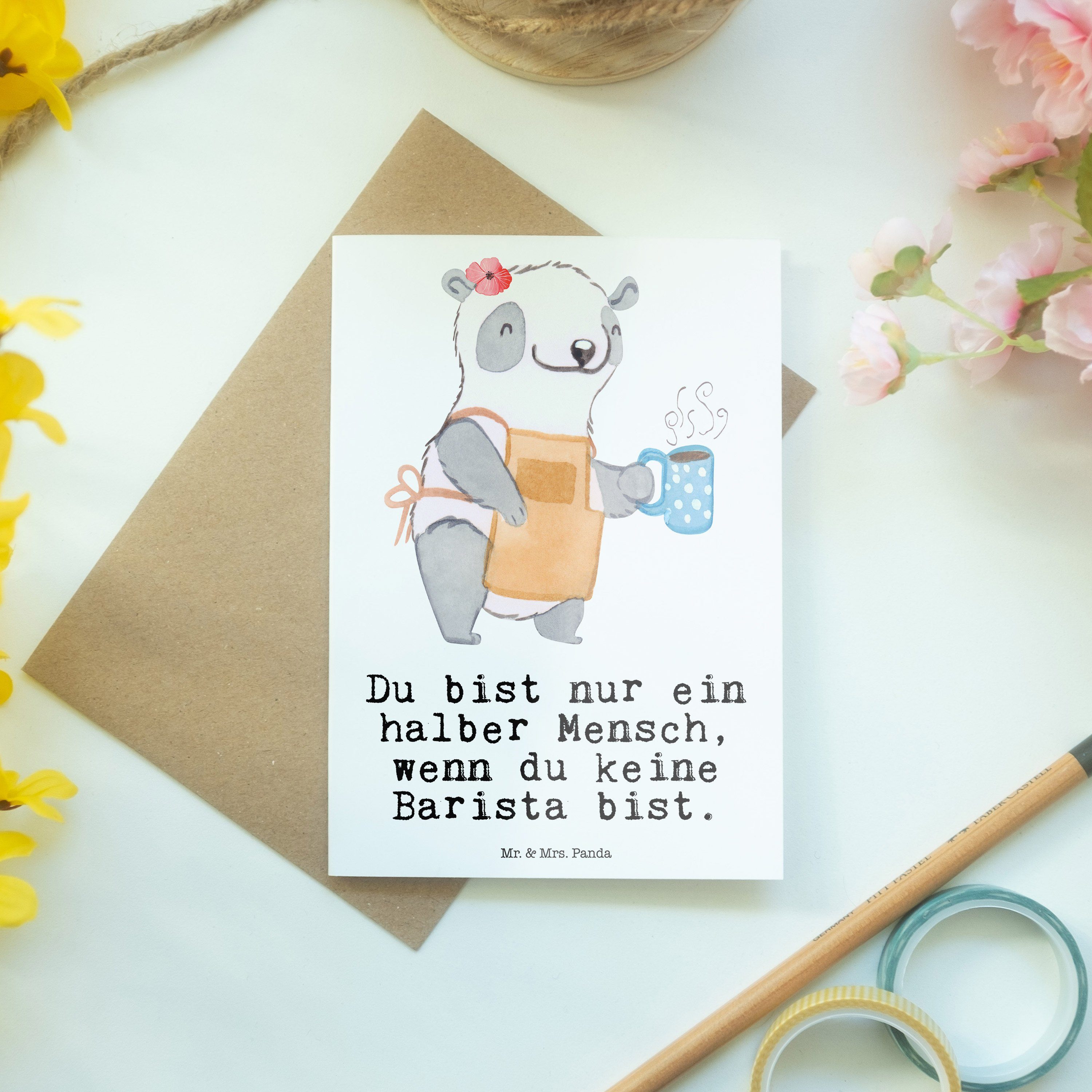 Mr. & Mrs. Panda Firma, Weiß Herz Klappkarte, Glückwunschkar Grußkarte mit Geschenk, Barista - 