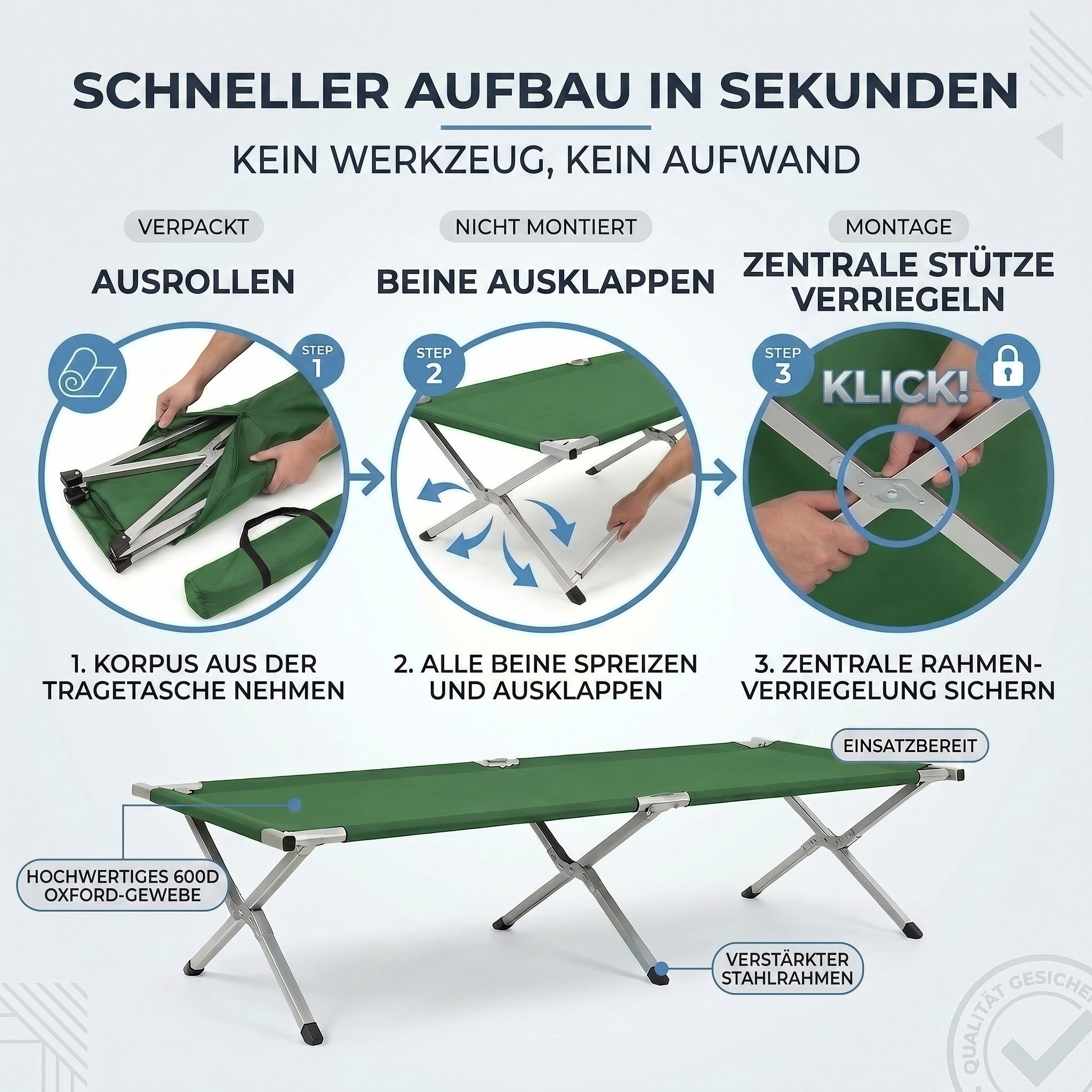 Goods+Gadgets Feldbett Faltbares Aluminium-Feldbett – Robust & Leicht für Camping & Gästebett (Campingbett, Klappbett) Gästebett aus Aluminium