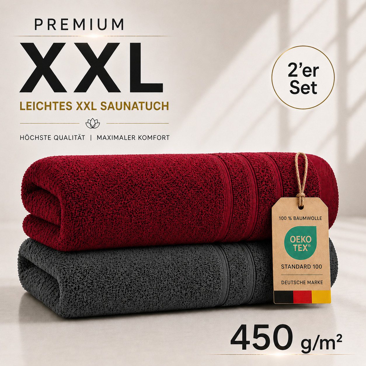 Komfortec Saunatuch 2er Set extra Große - XXL Premium Badetuch-80x200, Frottee (Set, 2-St), extra Große, Baumwolle 100%, Weich, Schnelltrocknend