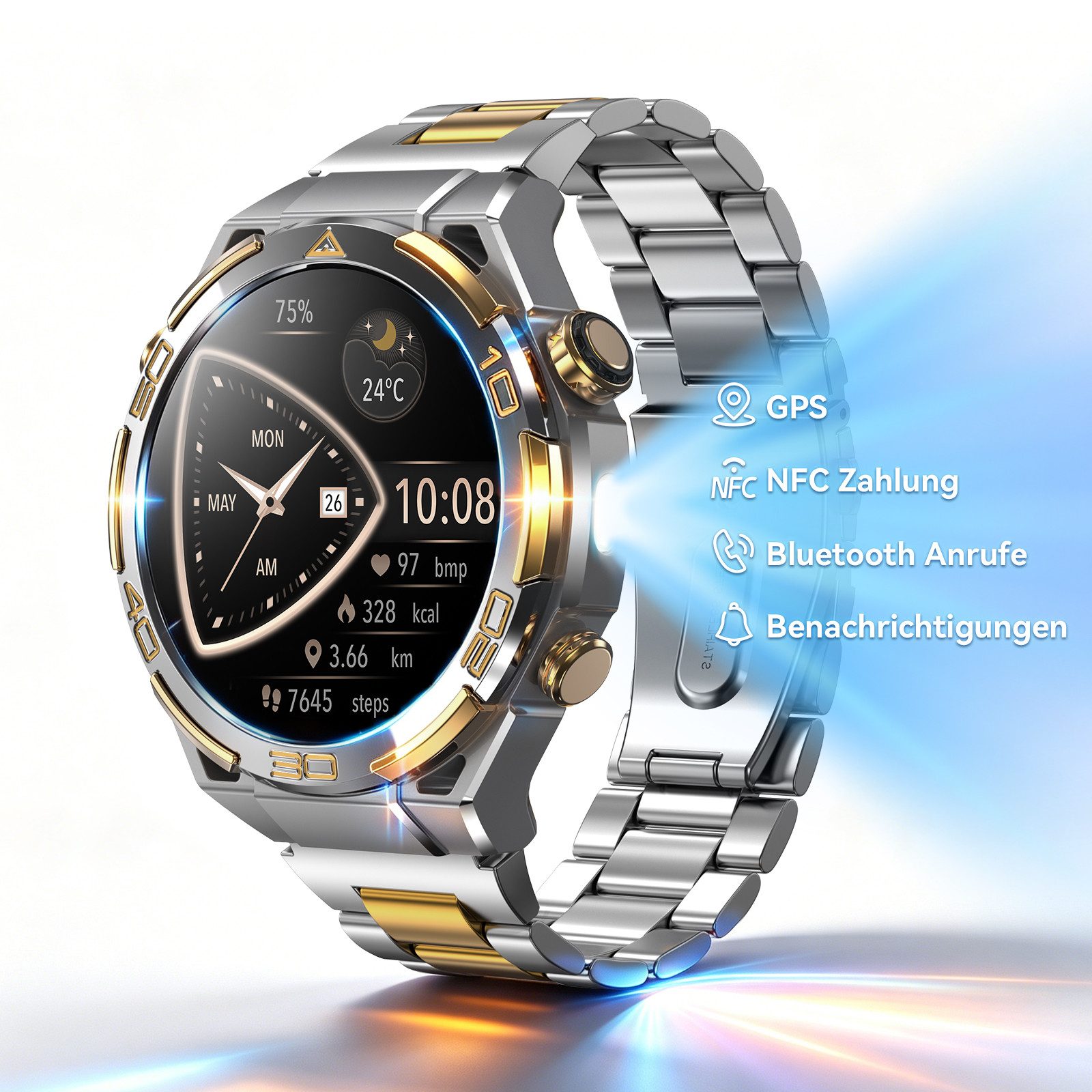 blackview W90 Pro 14K Gold, GPS, AMOLED, KI-Assistent, Business Herren Watch, 1.43", 900mAh, NFC, LED, Bluetooth, IP68