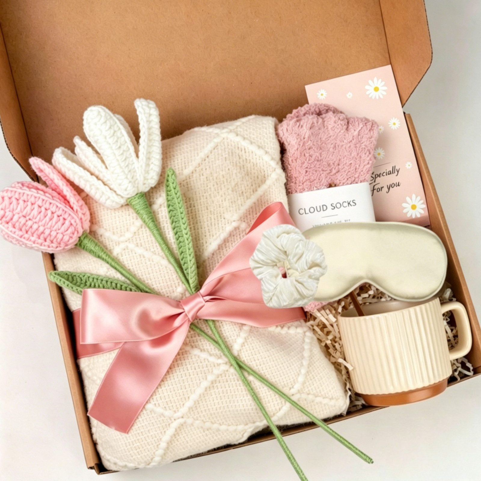 HOMELIVE Körperpflegemittel Gestrickte Tulpen Gemütliche Selbstpflege Geschenkset, Pflege-Geschenkbox 8tlg, für Schwester, Ehefrau,Mama