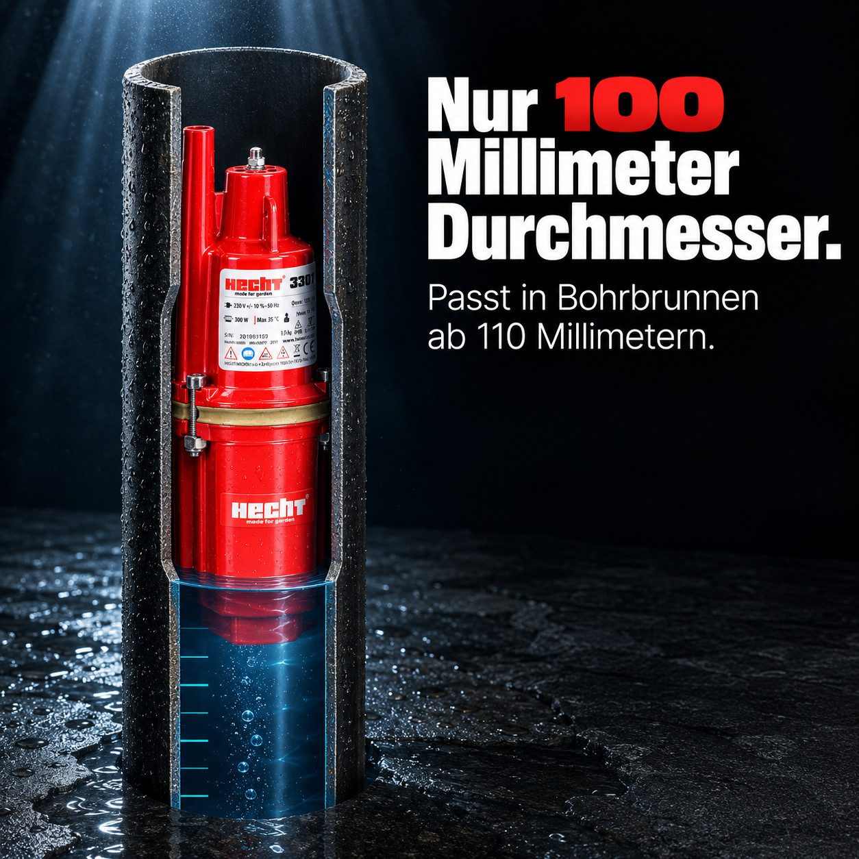 Hecht Tiefbrunnenpumpe Membranpumpe 3301, 1.320 l/h, 300 W, 55 m Förderhöhe, Passt in DIN 100