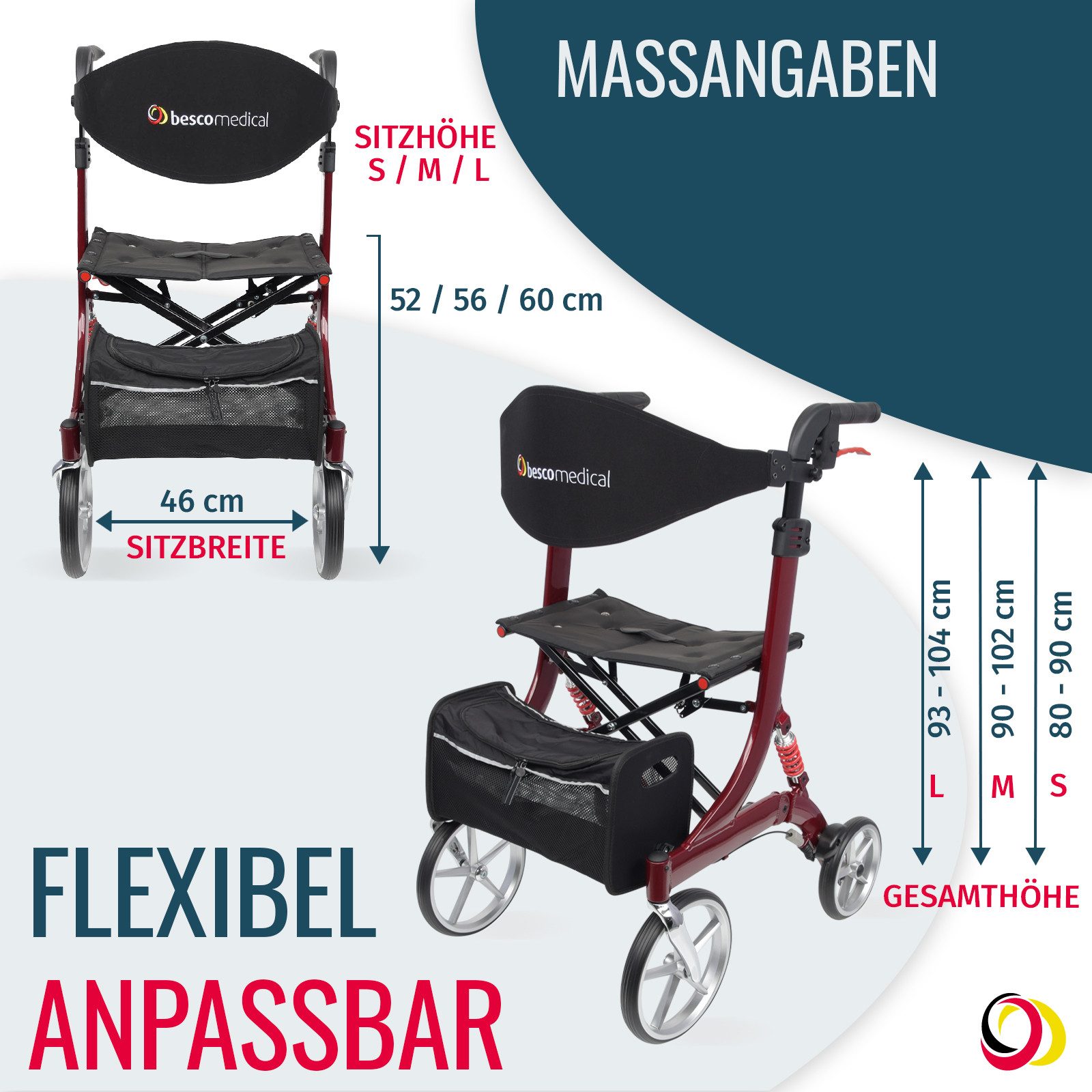 bescomedical Rollator SPRING - höhenverstellbar & faltbar - bequeme Sitzfläche, Leichtgewicht Gehhilfe - Modell M Sitzhöhe 56 cm, mit Komfort-Federung