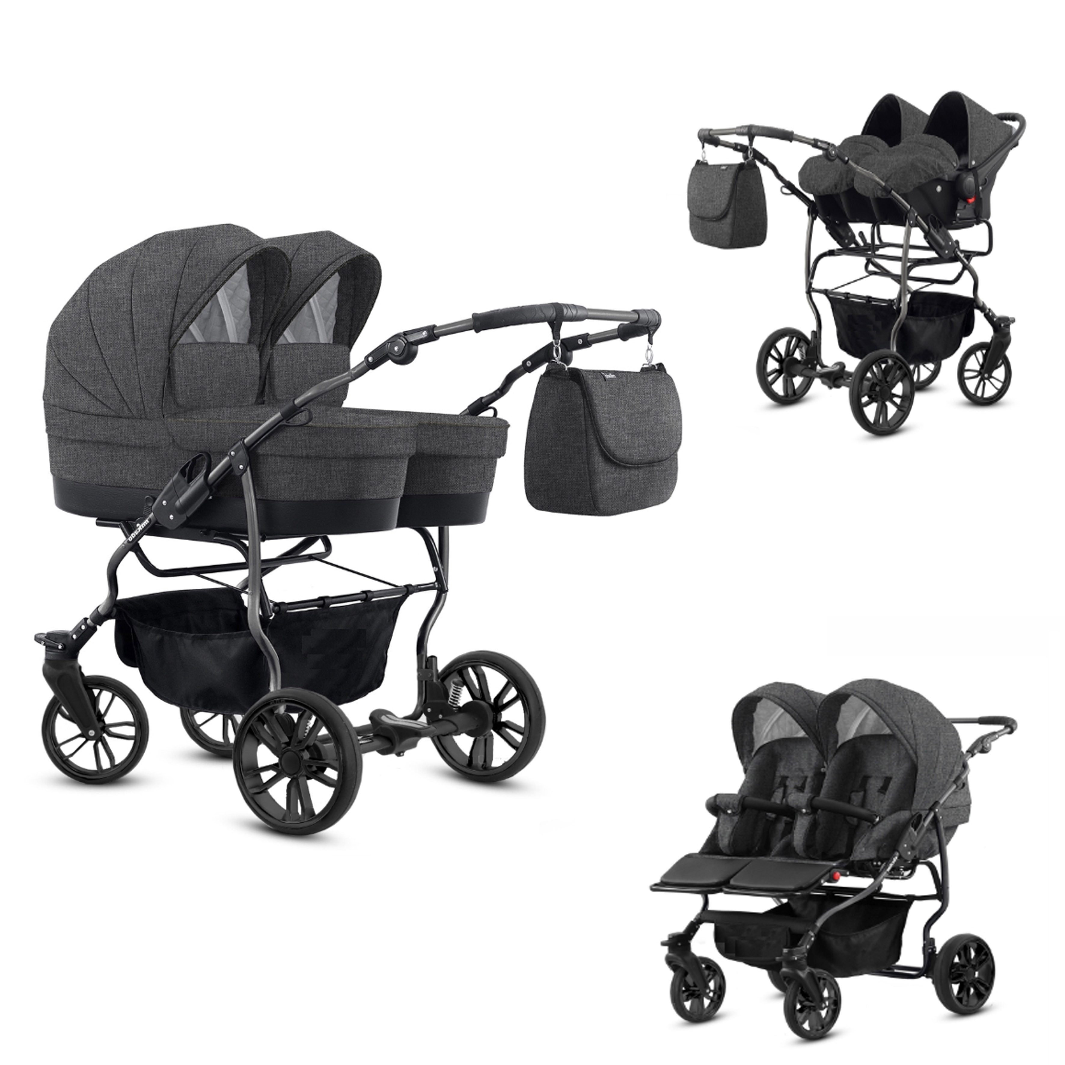 BabyMerc Zwillingswagen Twin Lux 4 in 1 inkl. Sportsitze, Autositze und Zubehör in 7 Farben