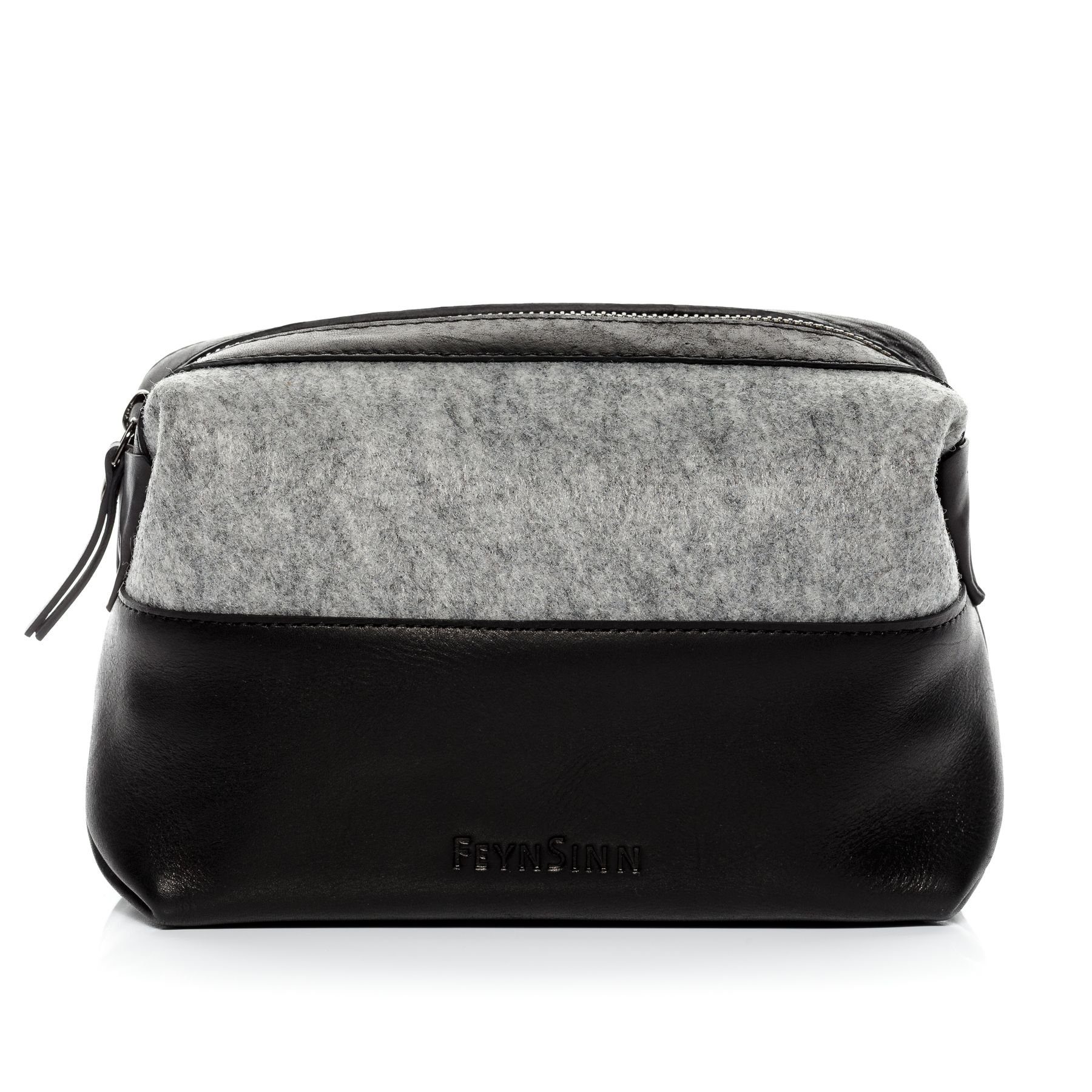 FEYNSINN Kosmetiktasche echt Leder Kulturtasche groß schwarz-grey, Waschbeutel Filz für Damen & Herren, Kosmetiktasche grau-schwarz