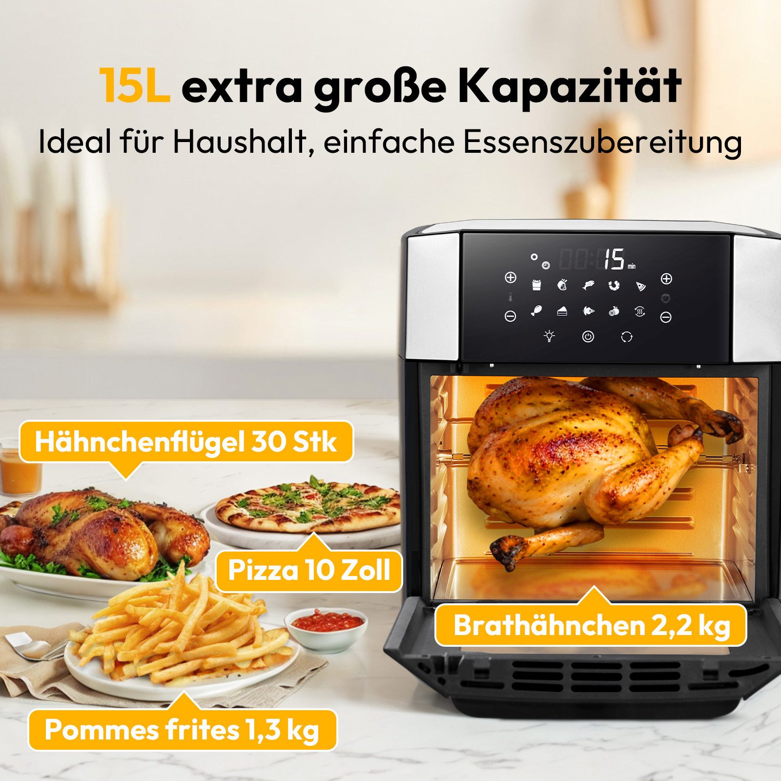 LLIVEKIT Heißluftfritteuse, 1800,00 W, 10 in 1 Mini Ofen mit Umluft Drehfunktion, Programmierbar