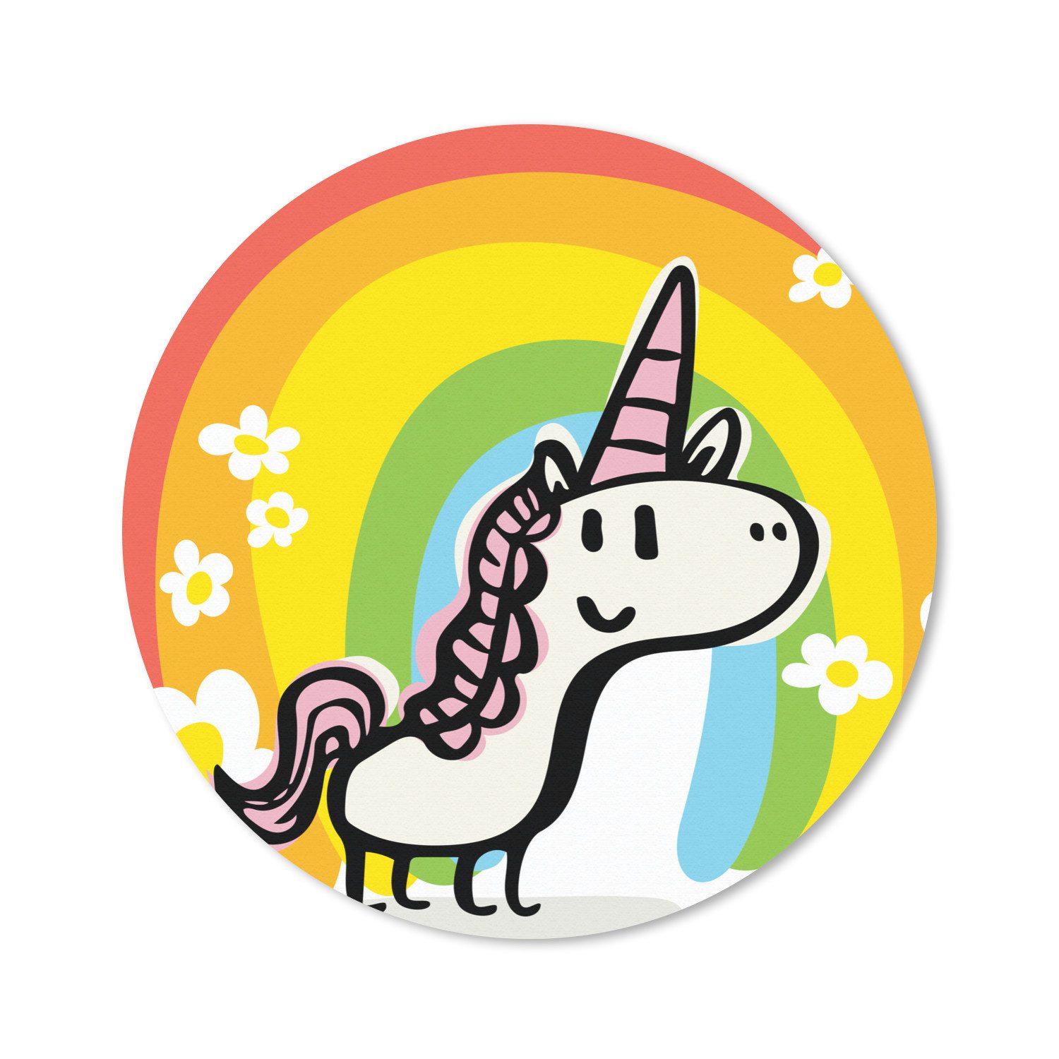 MuchoWow Mauspad Eine Illustration eines Einhorns mit einem Regenbogen - Mädchen - Kind (1-St), Büro für Tastatur und Maus, Mousepad Gaming, Rund 20x20 cm