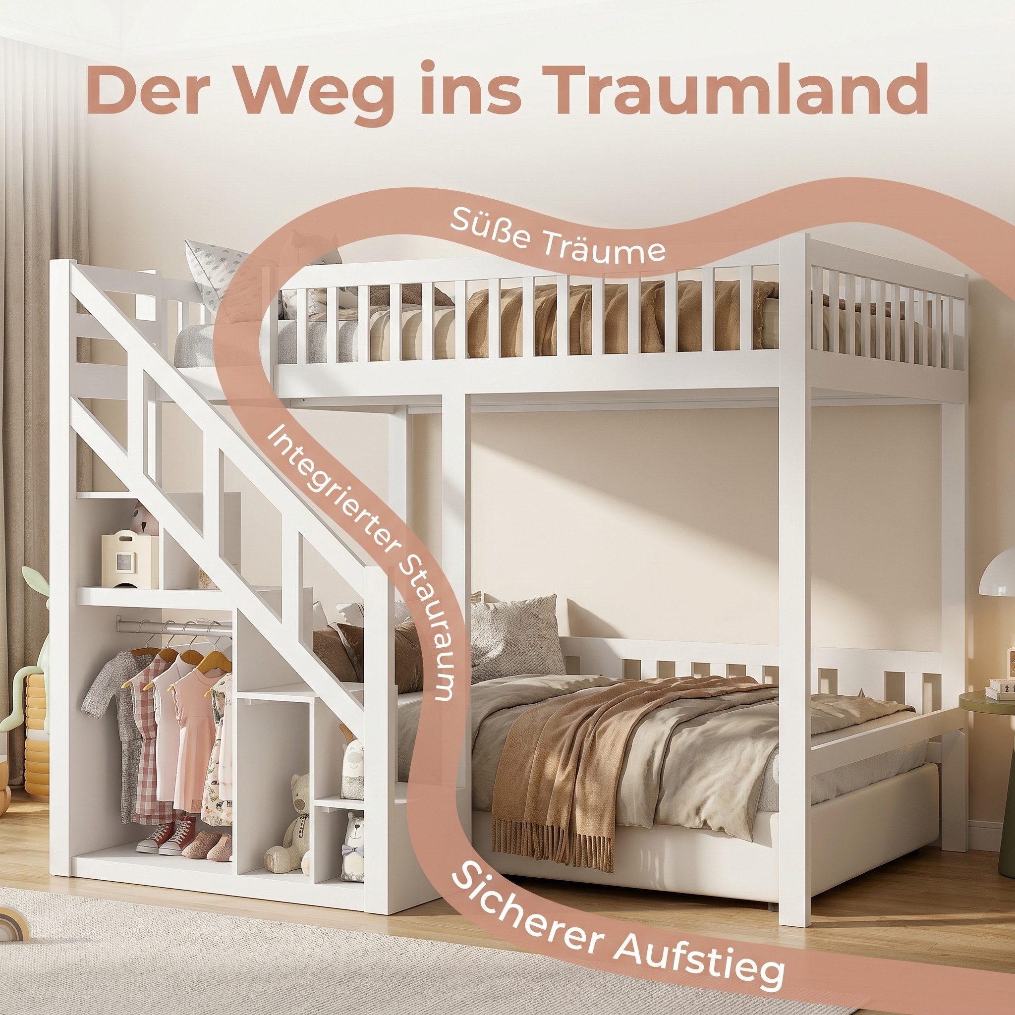 FUROKOY Etagenbett Kinderbett Hochbett mit Treppe und Absturzsicherung, Holzbett 140x200cm,Rausfallschutz und Holzlattenrost,Kiefer, Weiß – Bild 2 von 5