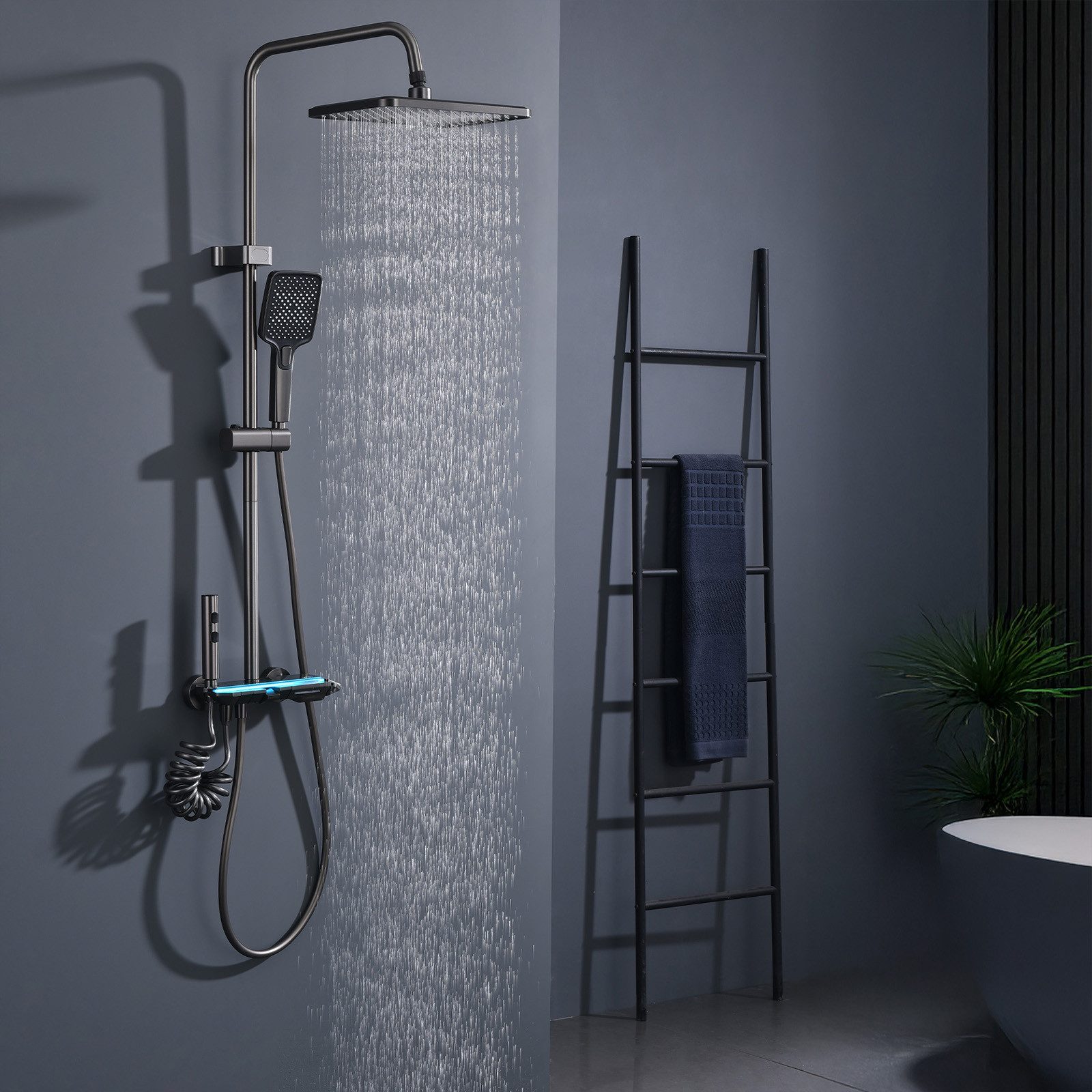 HOMELODY Duschsystem Duschsäule Massagedusche, Regendusche, mit Ambiente-Licht, 3 Strahlart(en), Set, mit Handbrause,mit Wasserfallauslauf,Graphitgrau