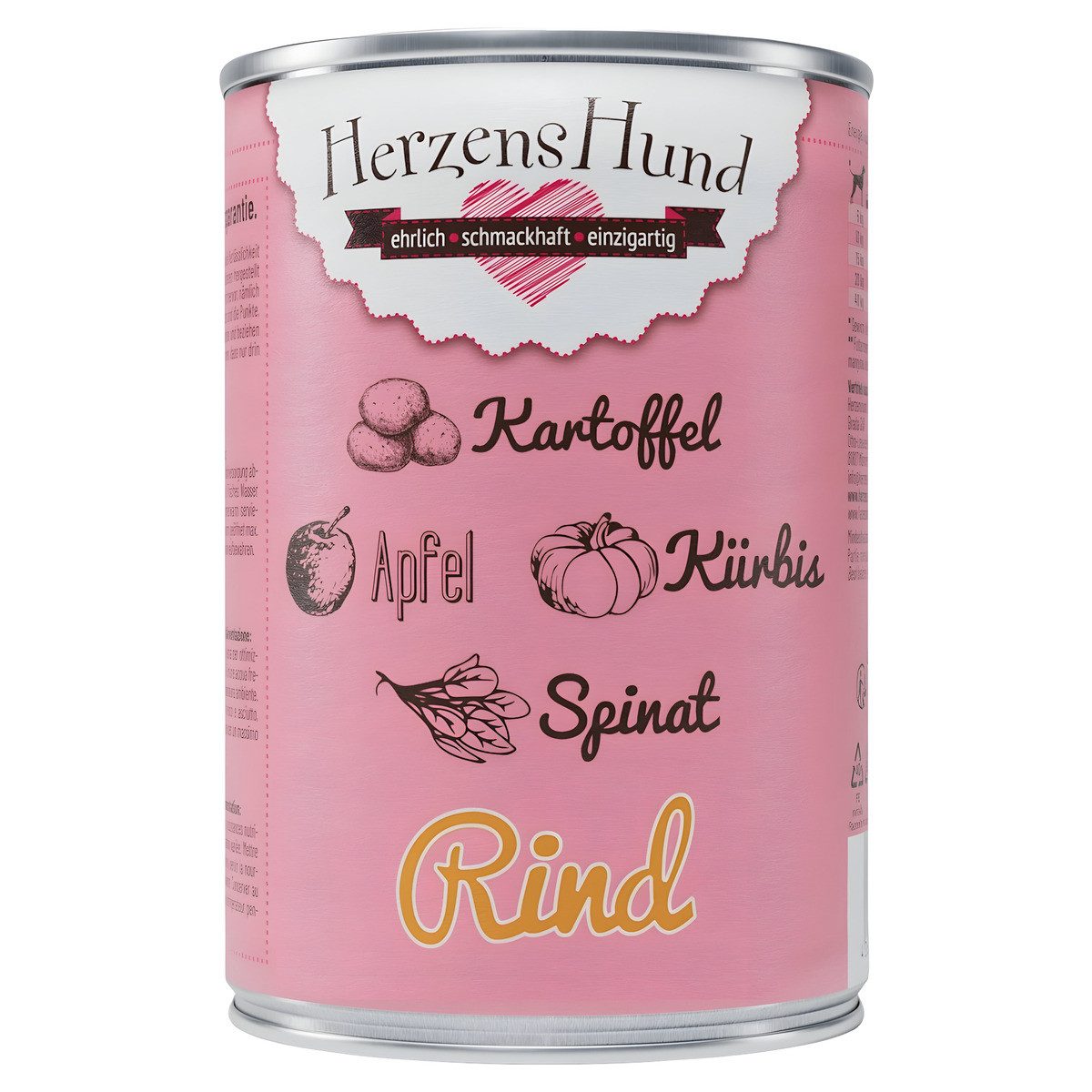 Herzenshund Rind mit Kartoffel, Kürbis, Apfel, Spinat, Leinöl 400 g - 12 Stück, Nassfutter für: Hund