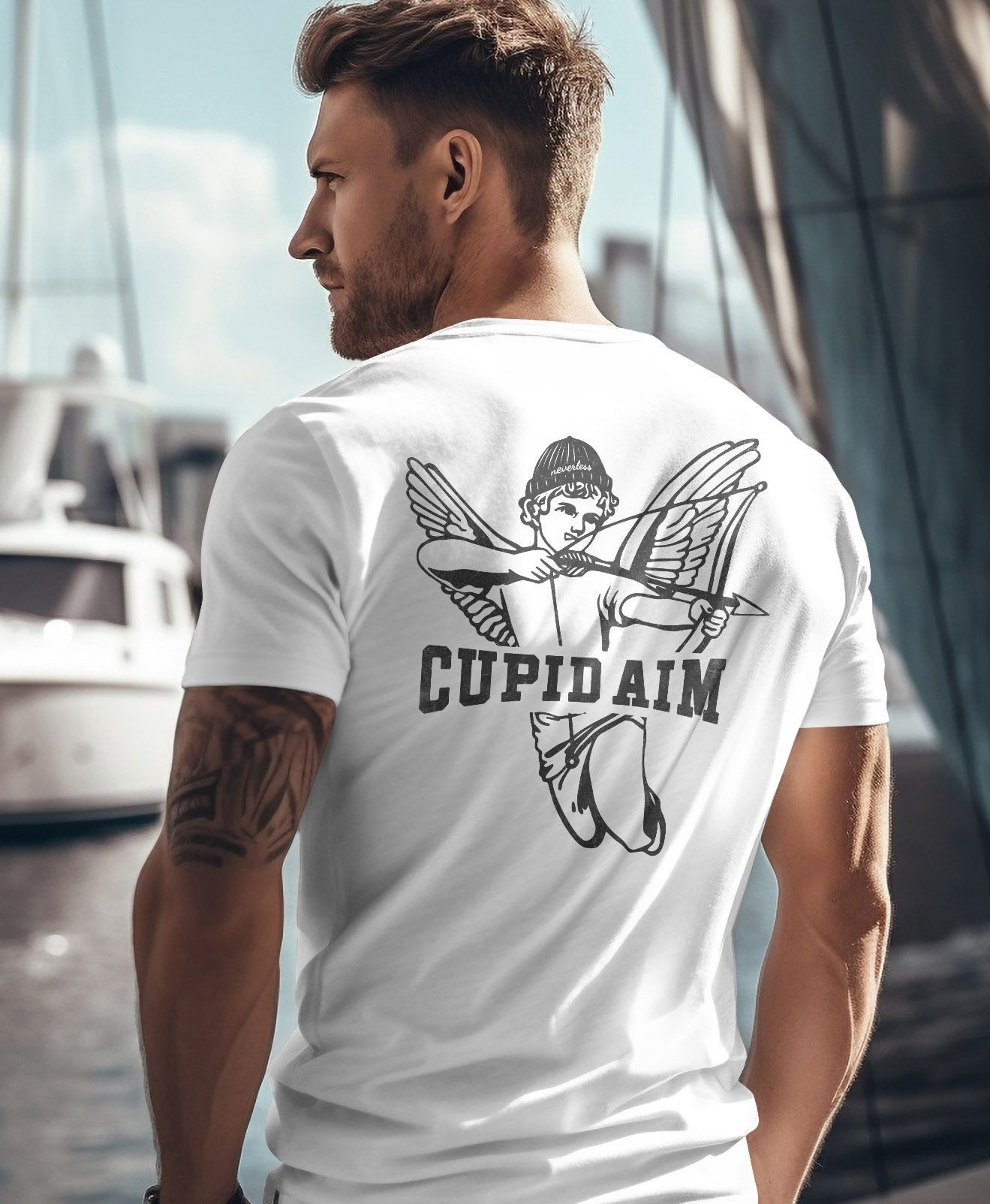 Neverless Print-Shirt Herren T-Shirt Backprint Engel Aufdruck Schriftzug Cupid Aim Amor mit Print – Bild 5 von 5