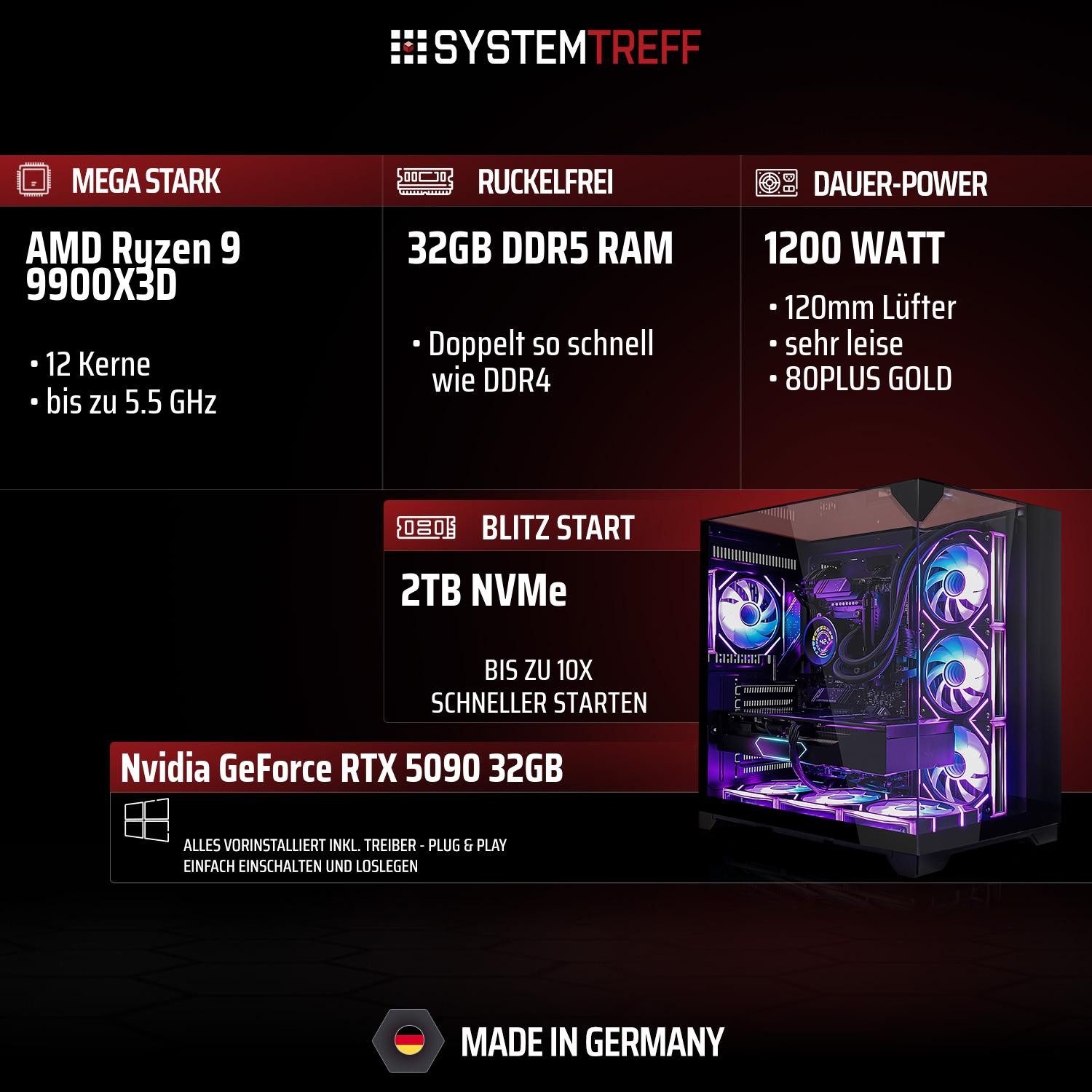 SYSTEMTREFF AMD Ryzen 9 9900X3D mit Nvidia GeForce RTX 5090 32GB Gaming-PC (AMD 9900X3D 9900X3D, Nvidia GeForce RTX 5090, 32 GB RAM, 2000 GB SSD, Wasserkühlung)