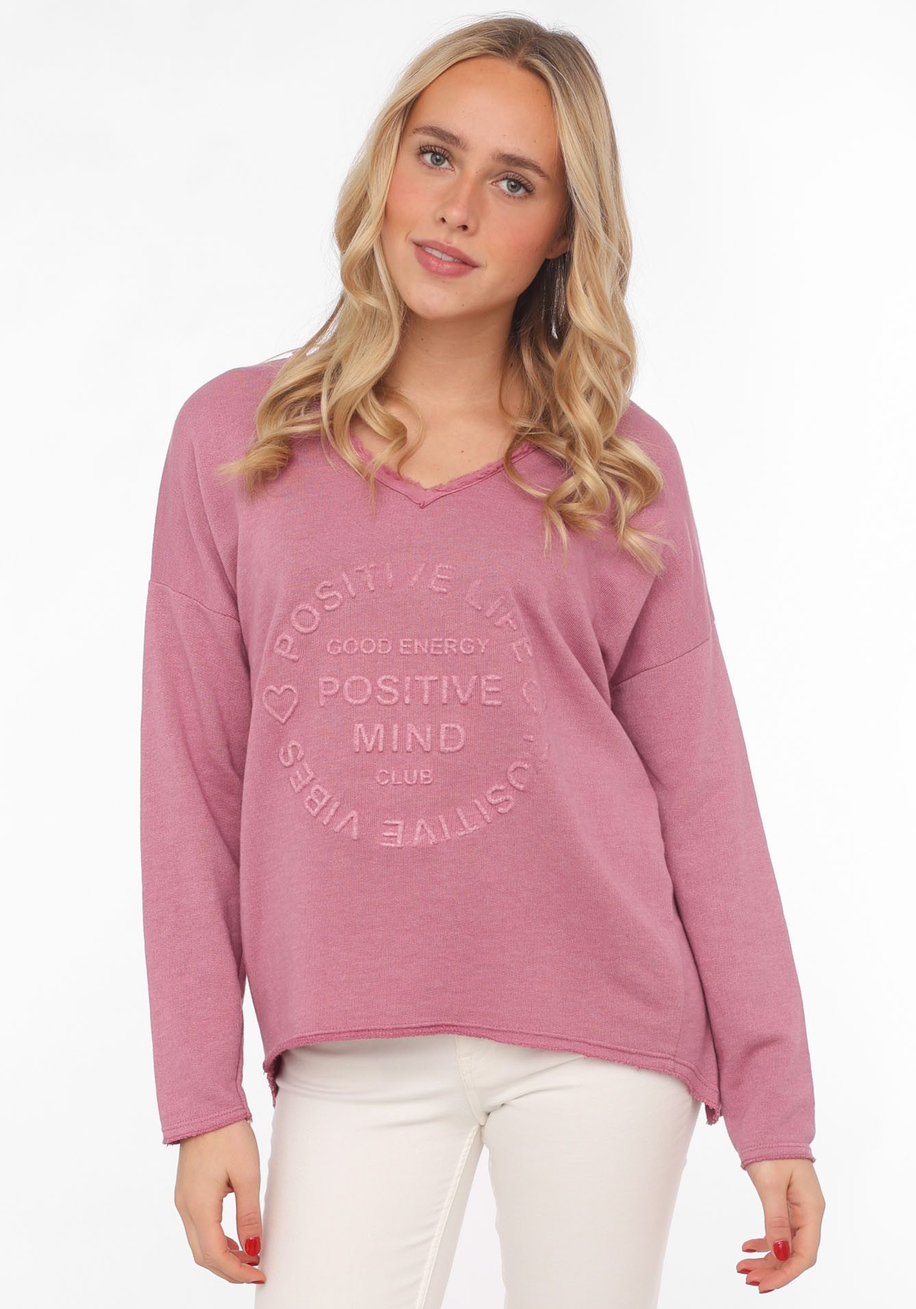 Zwillingsherz Sweatshirt "Positive Mind" ausgefranster V-Ausschnitt, günstig online kaufen