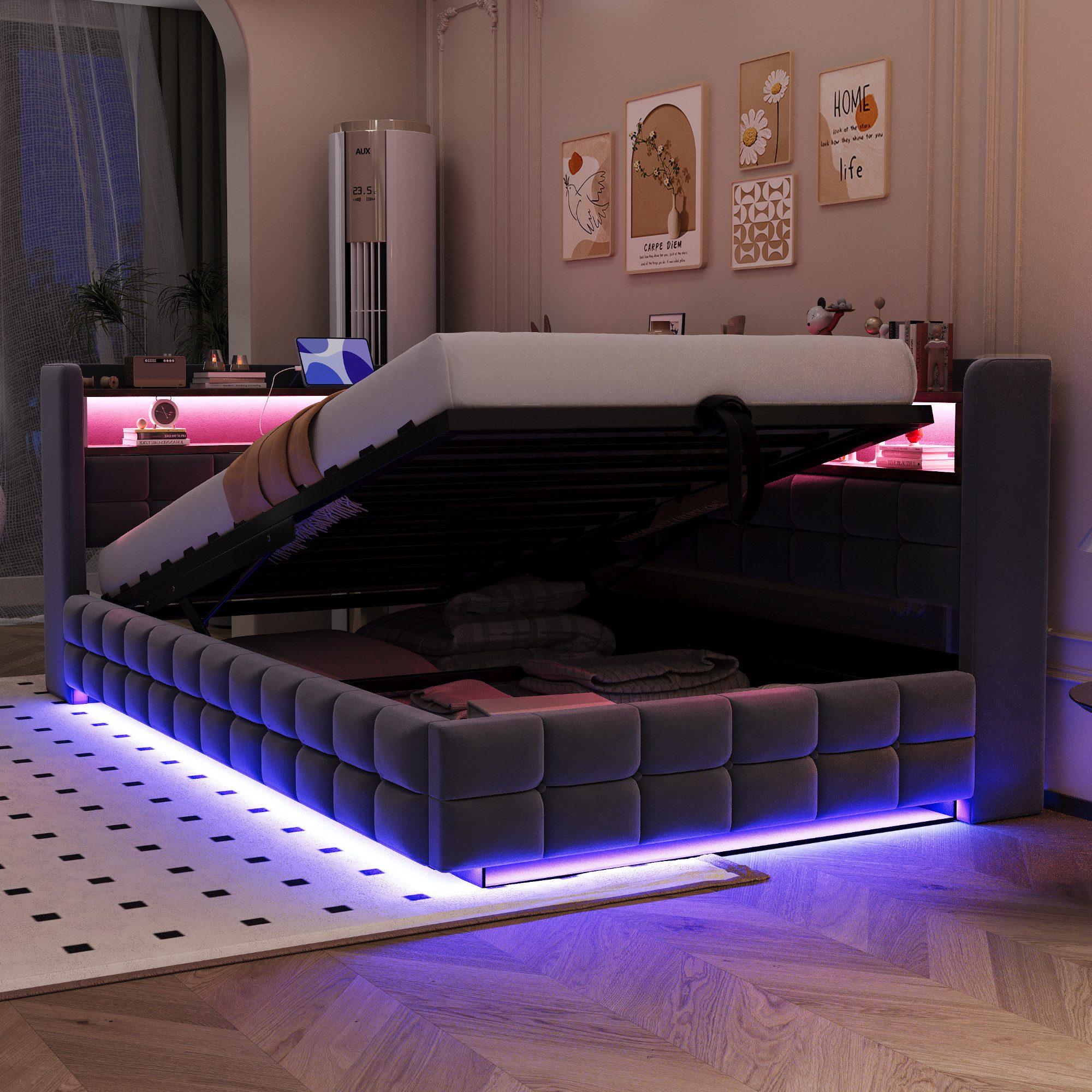 Merax Daybett mit LED-Beleuchtung und USB-Ladeanschlüssen (Jugendbett Kinderbett Einzelbett Sofabett aus Samtstoff, 1 tlg), Polsterbett Tagesbett 90x200cm mit hydraulischem Stauraum & Staufächer