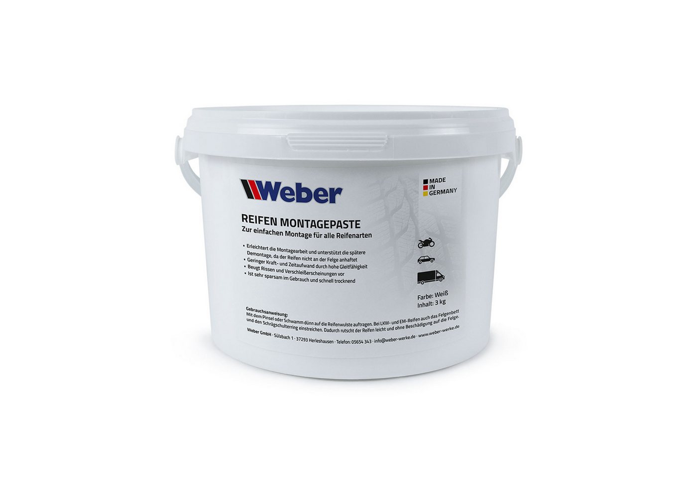 Weber GmbH Schmierfett Reifen Montagepaste weiß 3 kg - Reifenmontierpaste, 3000 g, schnell trocknend, hohe Gleitfähigkeit, rückstandsfrei