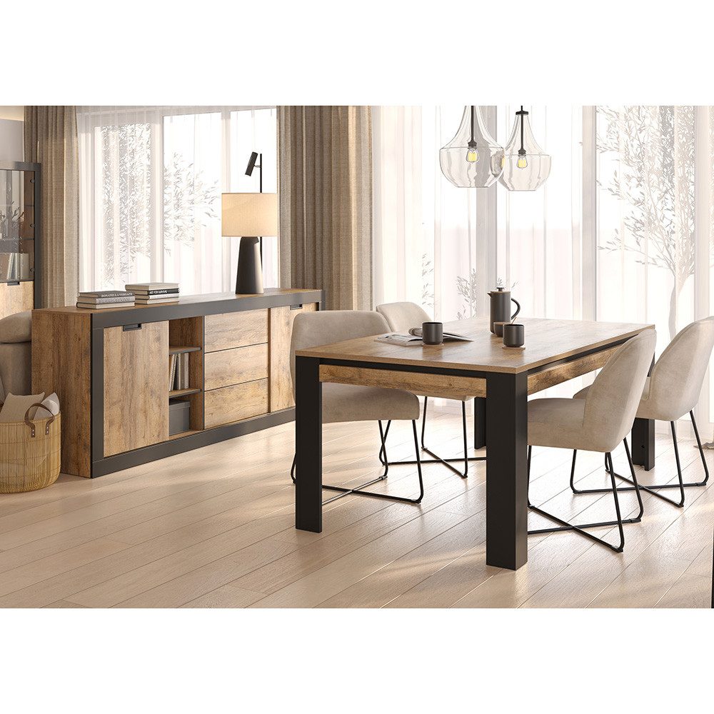 Lomadox Esszimmer-Set TOLOSA-83, (Spar-Set, 2-St., Esstisch Kommode), in Eiche mit Rahmen in Mattschwarz, 2-teilig