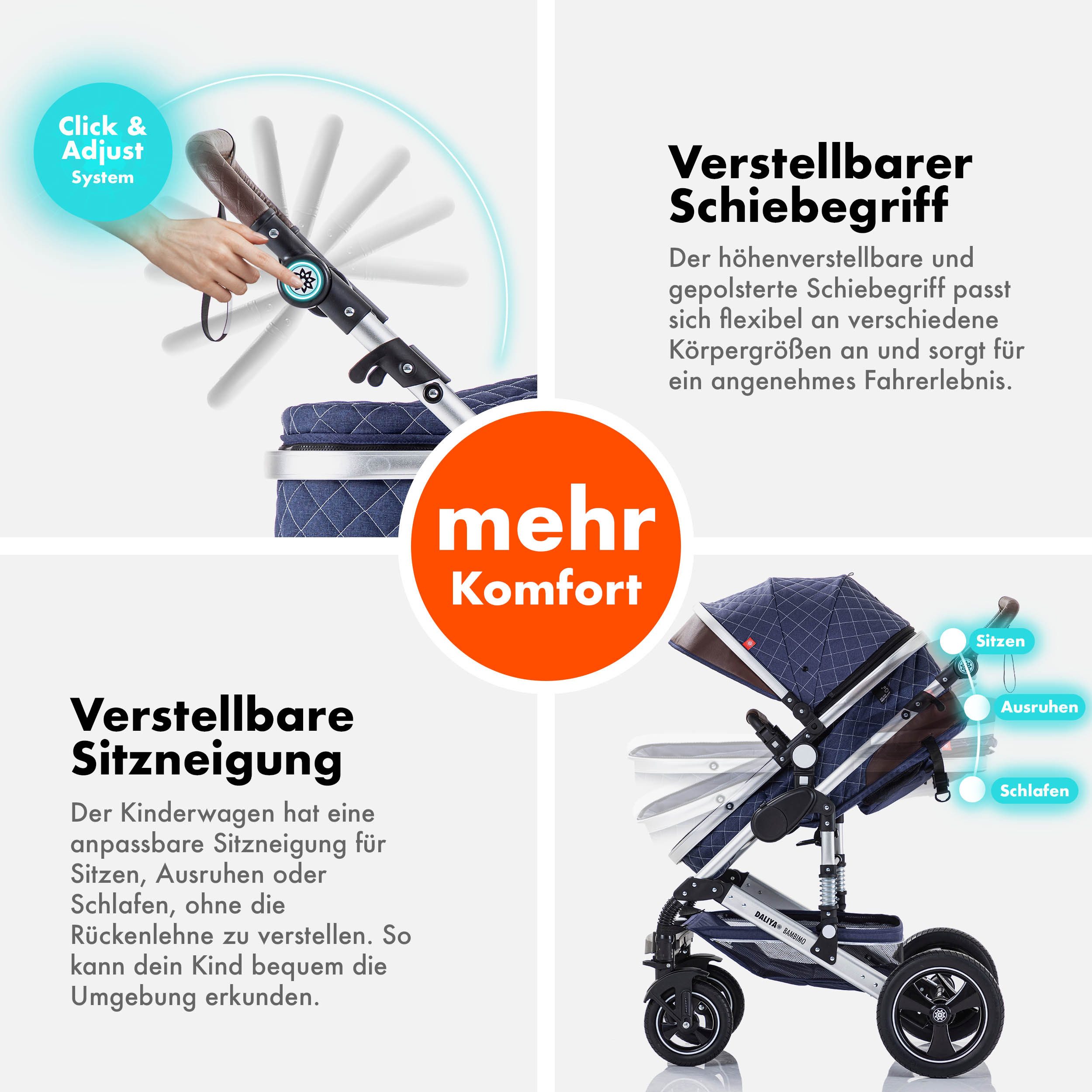 Daliya® Kombi-Kinderwagen BAMBIMO 3in1 Kinderwagen & Buggy mit Auto-Babyschale und Adapter, (XXL-Set inkl. Wickeltasche und Spieltisch, 15-tlg), Babyschale, Airless-Räder, Federung, weiche Matratze, Belüftungssystem