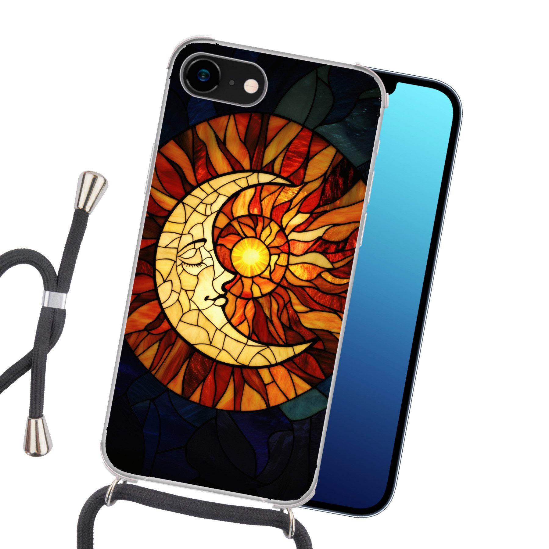 MuchoWow Handyhülle für Apple iPhone 7 Mosaik - Glas - Mond - Dunkelblau, Tragbare Handyhüllen mit Kette zum umhängen, Handykette Handyband