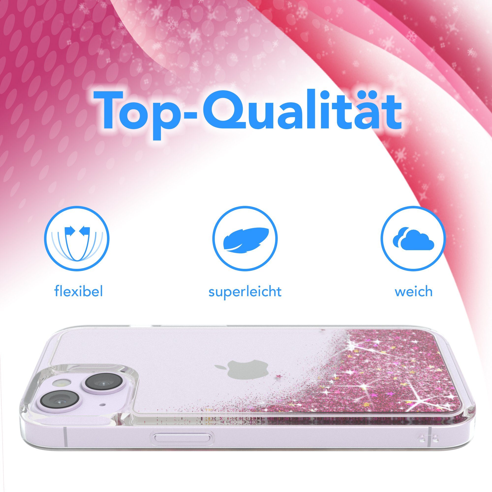EAZY CASE Handyhülle Liquid Glittery Case für Apple iPhone 14 6,1 Zoll, Glitzerhülle Shiny Slimcover stoßfest Durchsichtig Bumper Case Pink