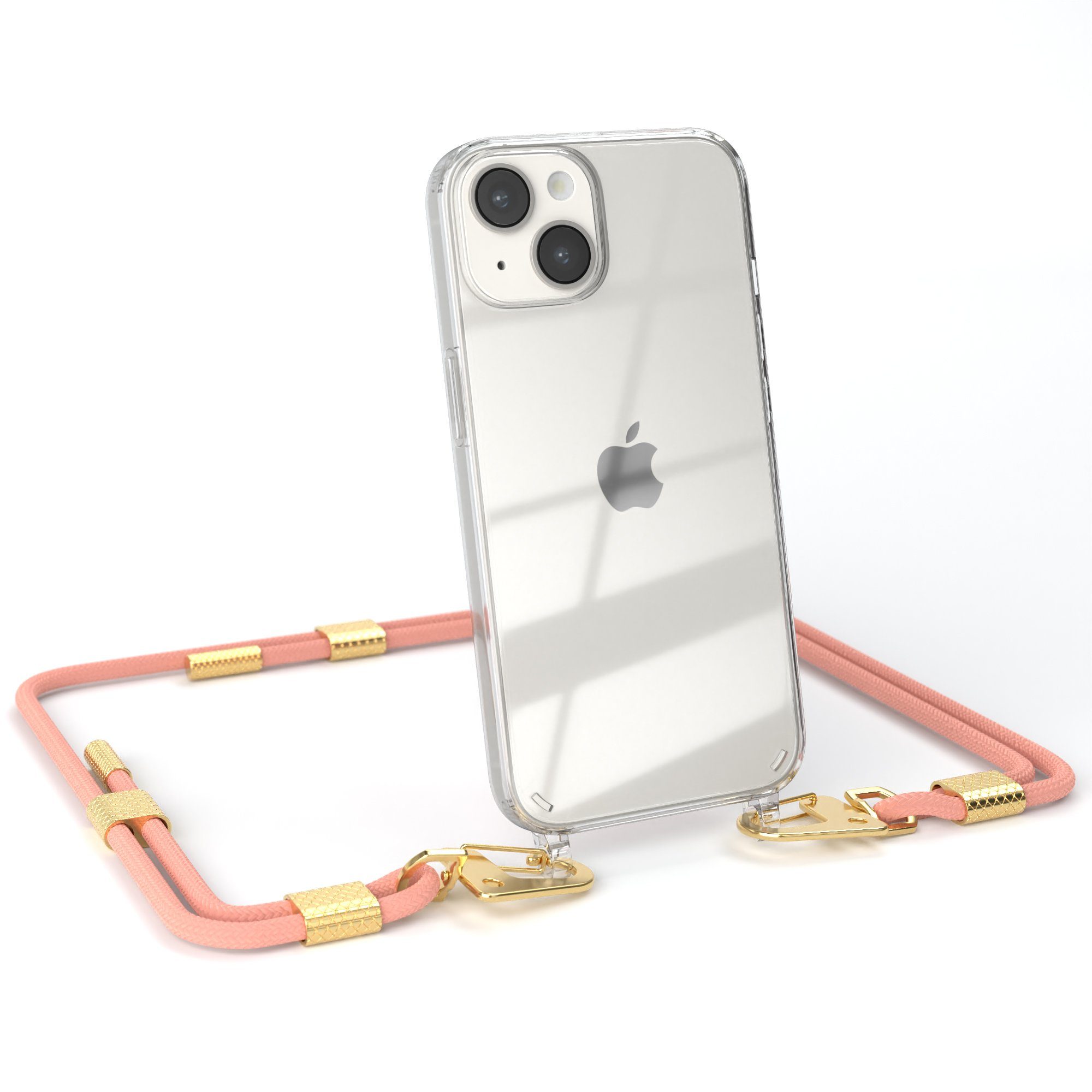 EAZY CASE Handykette Silikonhülle mit runder Kette für Apple iPhone 14 6,1 Zoll, Handytasche durchsichtige Silikon Hülle mit Umhängeband Altrosa Coral