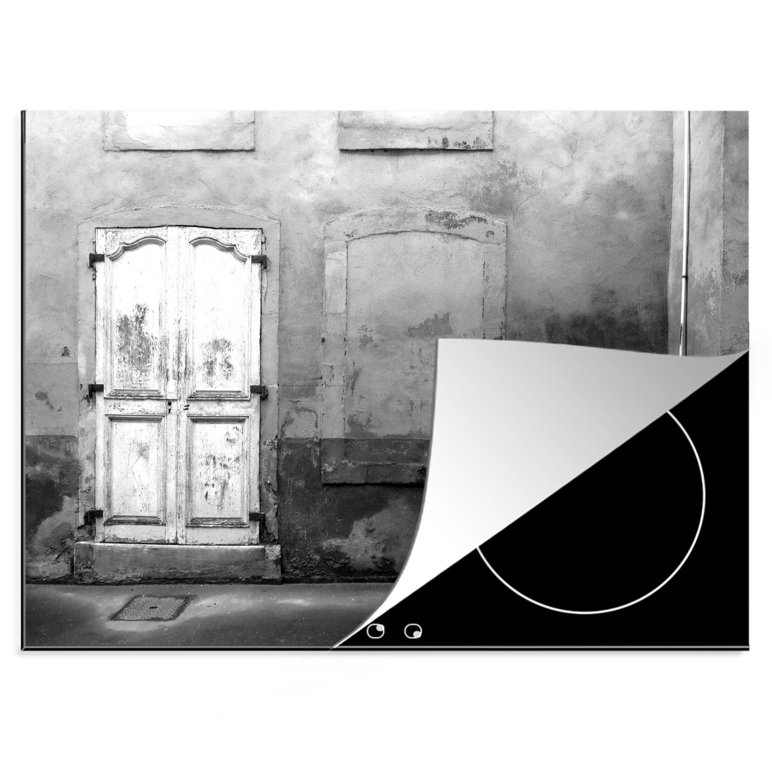 (1 Arbeitsfläche und Gebäude MuchoWow in Ceranfeldabdeckung 70x52 - Mobile Paris schwarz nutzbar, weiß, cm, Vinyl, tlg), Herdblende-/Abdeckplatte Verlassenes