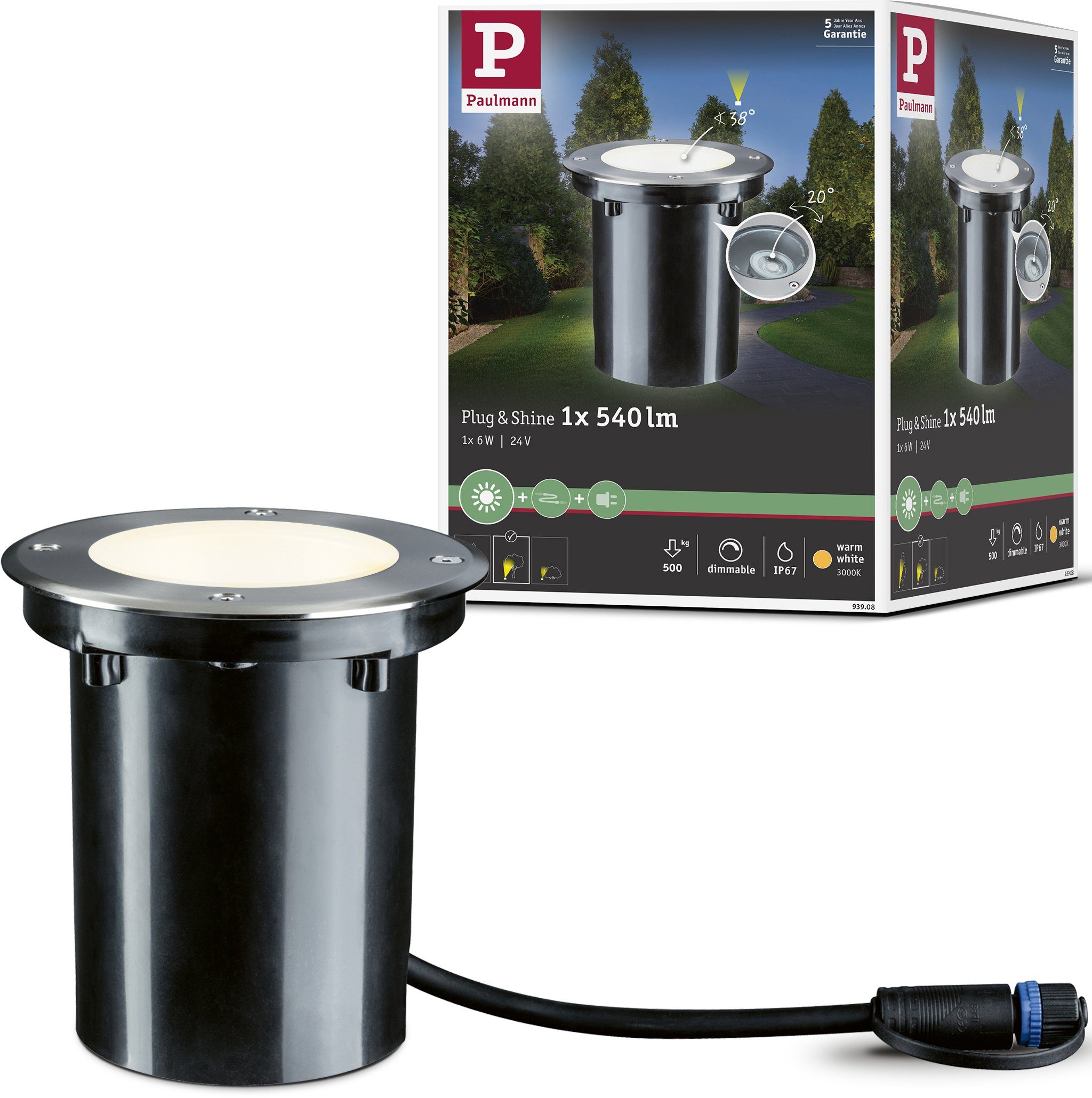 LED Paulmann 609lm LED & Plug IP67 fest & LED-Modul, Shine, Warmweiß, schwenkbar Einbauleuchte integriert, 3000K Shine, Plug