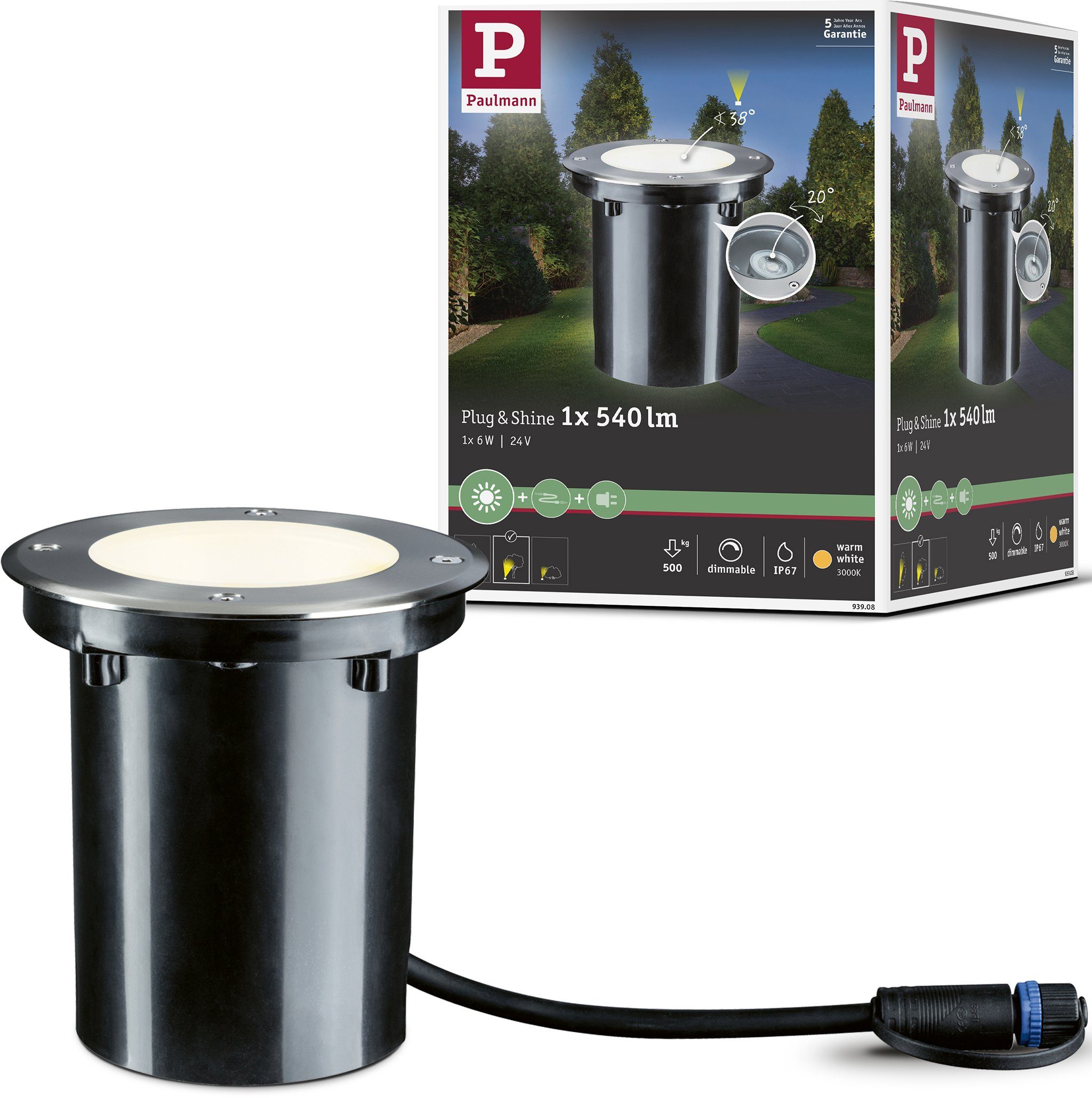 Paulmann LED Einbauleuchte Plug Shine, schwenkbar IP67 Shine, 609lm Warmweiß, LED-Modul, 3000K integriert, Plug & & LED fest