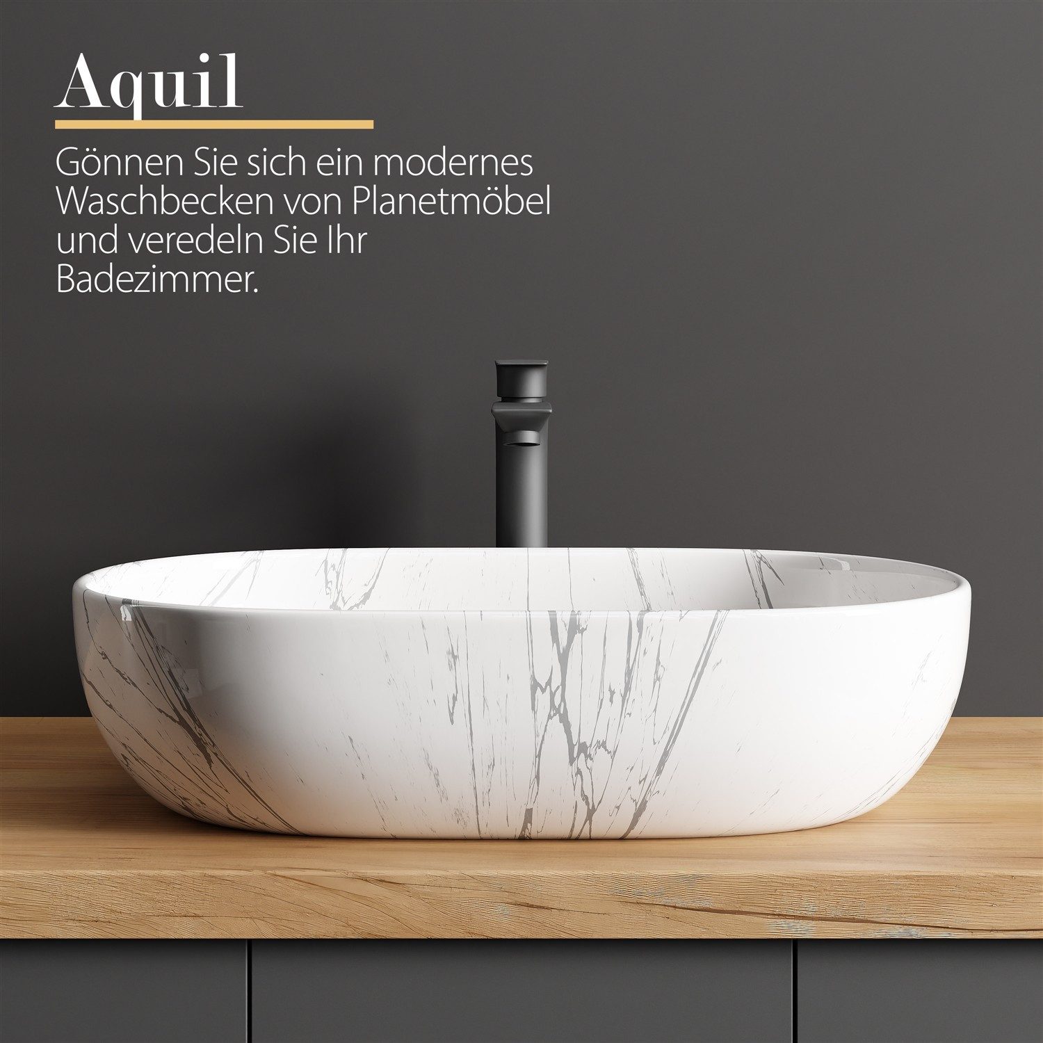 Planetmöbel Aufsatzwaschbecken Aquil Deluxe Badezimmer Waschbecken 60 cm oval für Waschtisch (Keramik Aufsatzwaschbecken für Bad, Gäste WC, 1-St., Waschschale 60 x 40 x 15 cm ohne Hahnloch und Überlauf), für Waschtische oder Waschplätze