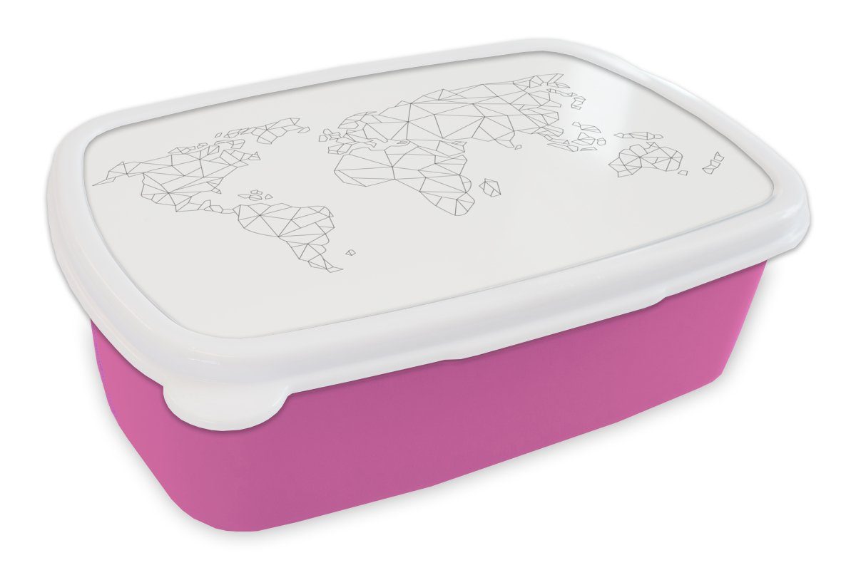 MuchoWow Lunchbox Weltkarte - Einfach - Schwarz - Weiß - Kinder - Jungen - Mädchen, Kunststoff, (2-tlg), Brotbox für Erwachsene, Brotdose Kinder, Snackbox, Mädchen, Kunststoff rosa