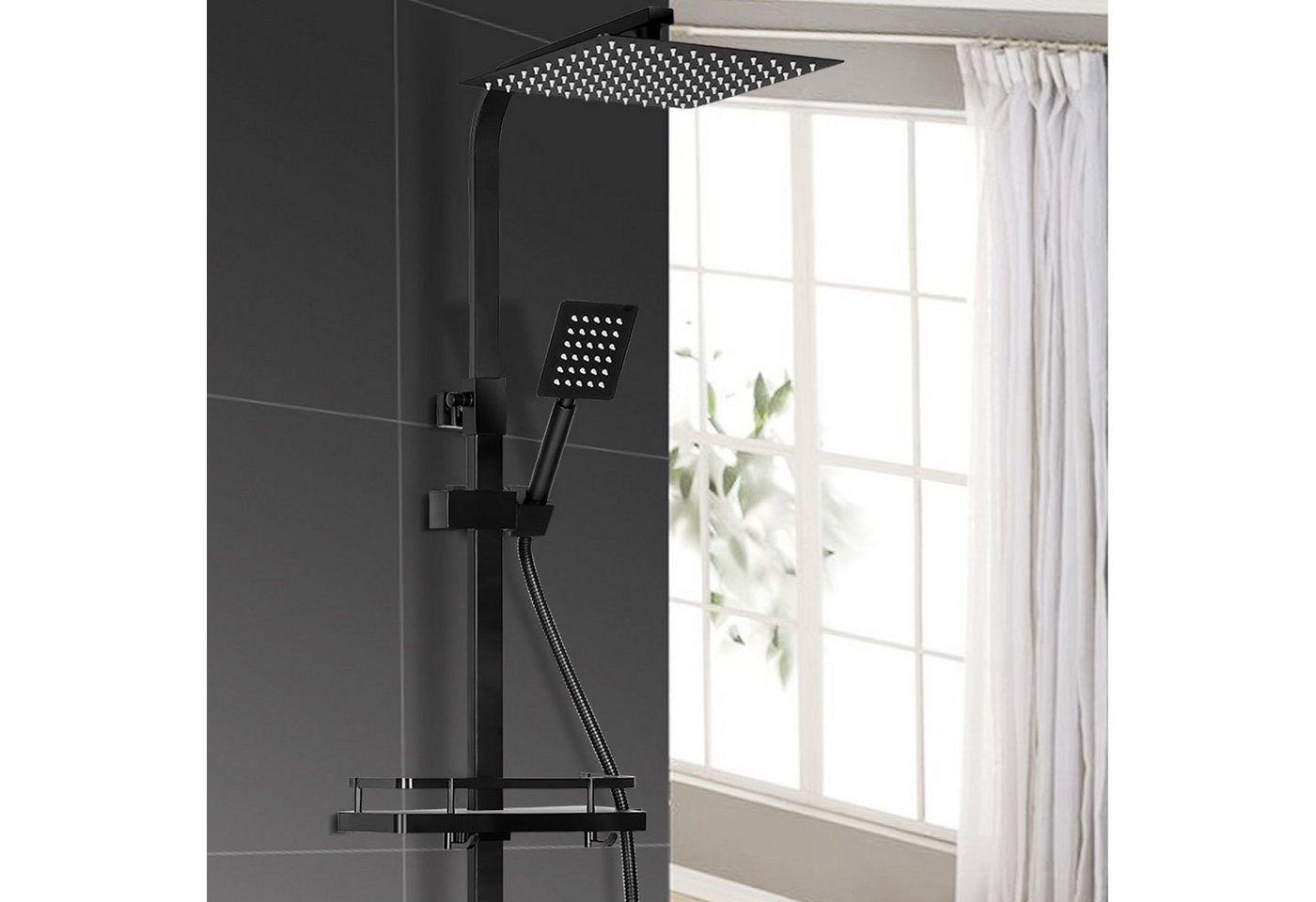 Thumbnail - WILGOON Duschsystem Duschstange Set Schwarz mit Thermostat inkl. Temperatur LED-Display, 6 Strahlart(en), 85-120cm Edels...