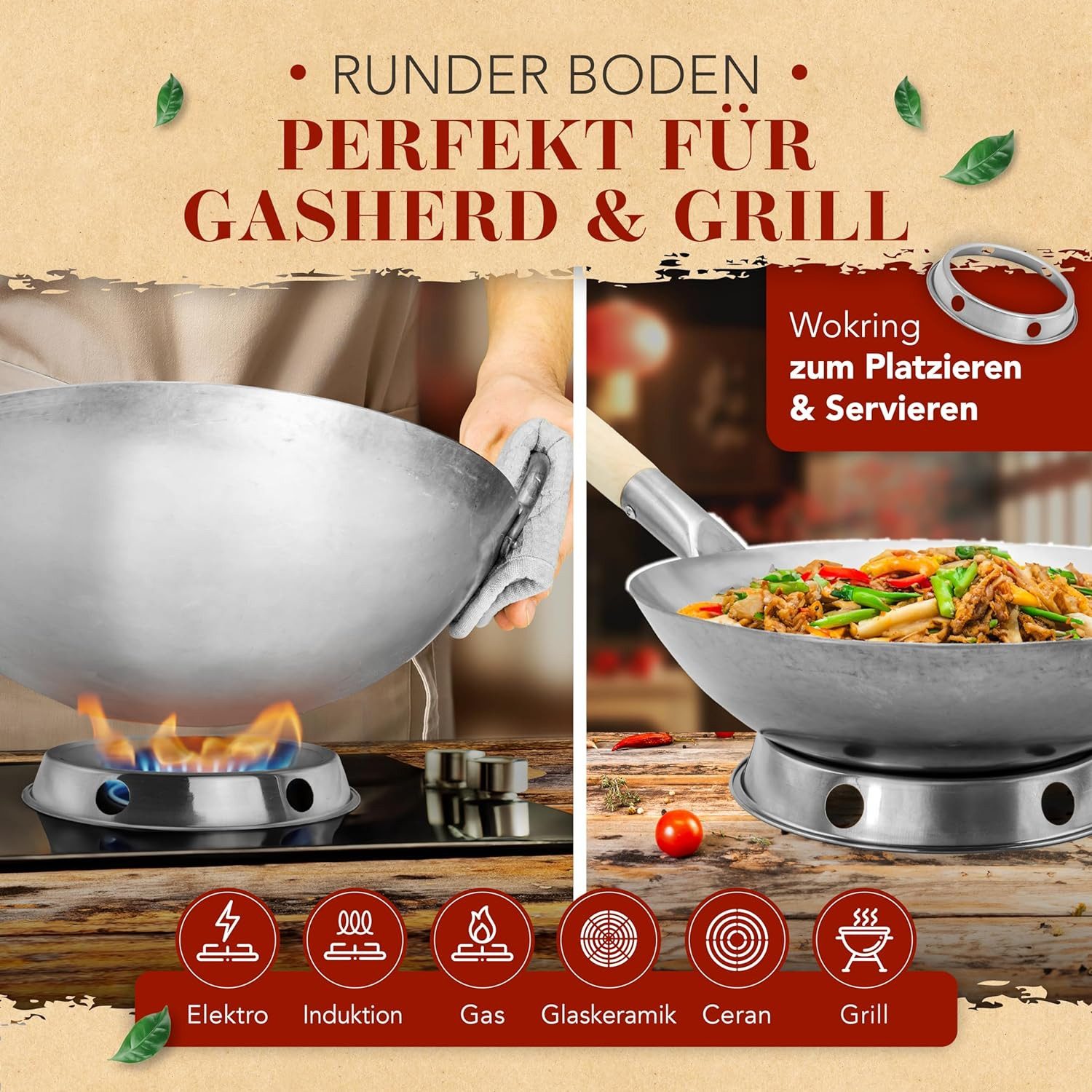 Krustenzauber Wok 30cm Wokpfanne - Traditionelle Stahlwokpfanne, (mit Wokwender u. Wokring - Wok Pfanne, Wok Induktion, Woklette), Wok Zubehör, Carbon Steel Wok Karbonstahl