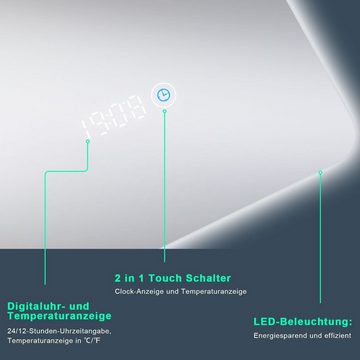 SONNI Badspiegel Badspiegel mit LED Uhr Temperaturanzeige 120x60 cm Badezimmerspiegel, IP44 Energiesparend Wandspiegel mit Beleuchtung Lichtspiegel