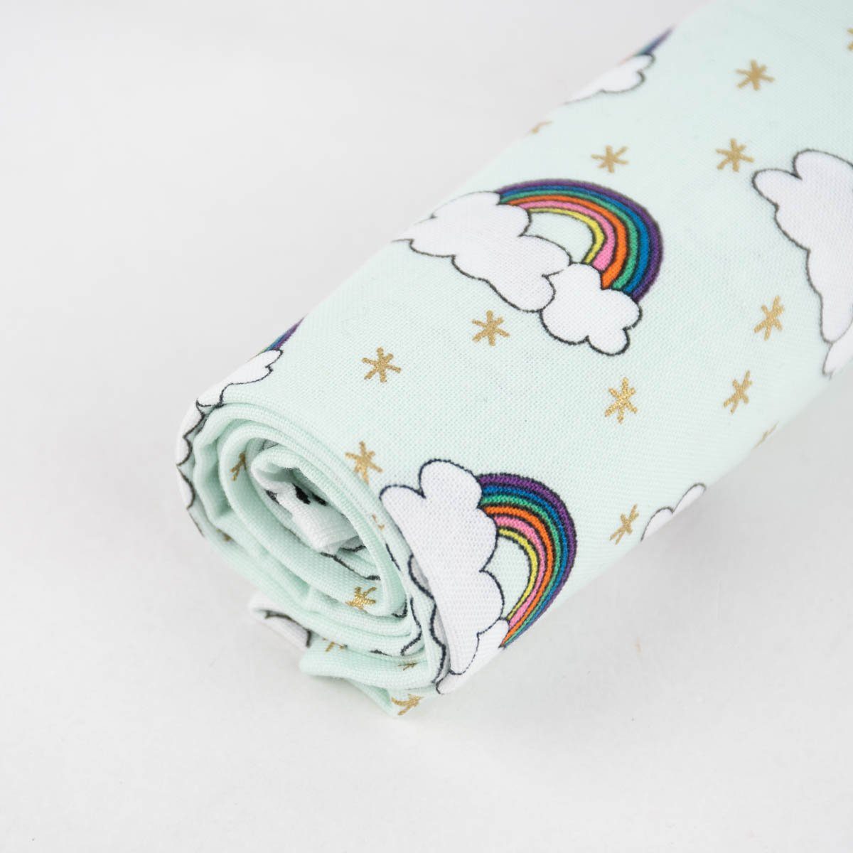 Thumbnail - Rico Design Stoff Rico Design Baumwollstoff Regenbogen Wolken Sterne mint bunt gold 50x1