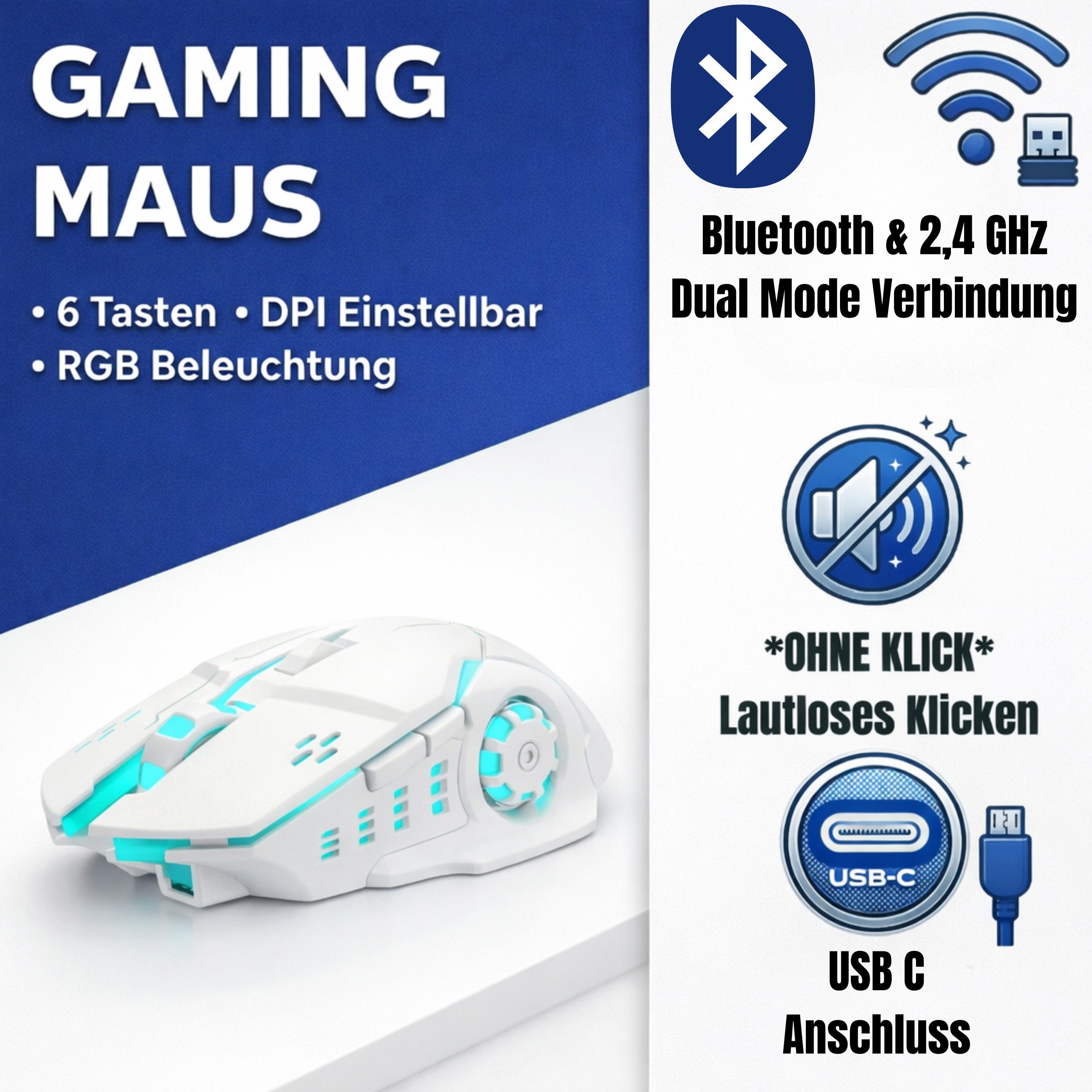 StellarLuma Gaming Maus Kabellos RGB Wireless USB Gaming-Maus Gaming-Maus (Bluetooth, Funk, Kabellose Dual Mode Gaming Maus mit 6 Tasten und RGB-Beleuchtung)
