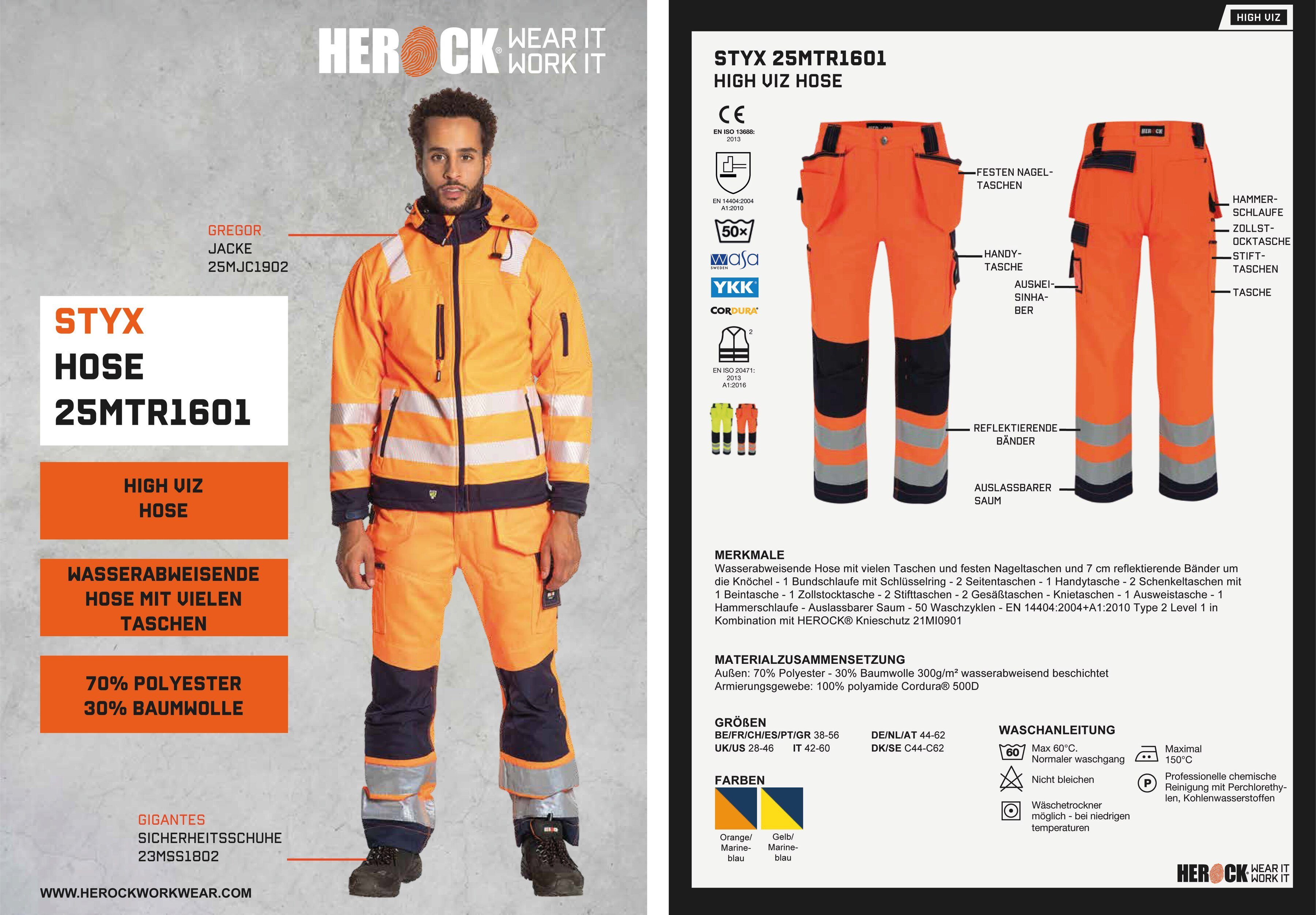 Herock Arbeitshose Styx Warnschutz Hose Taschen, feste orange Wasserabweisend, sehr 2 angenehm Nageltaschen, viele
