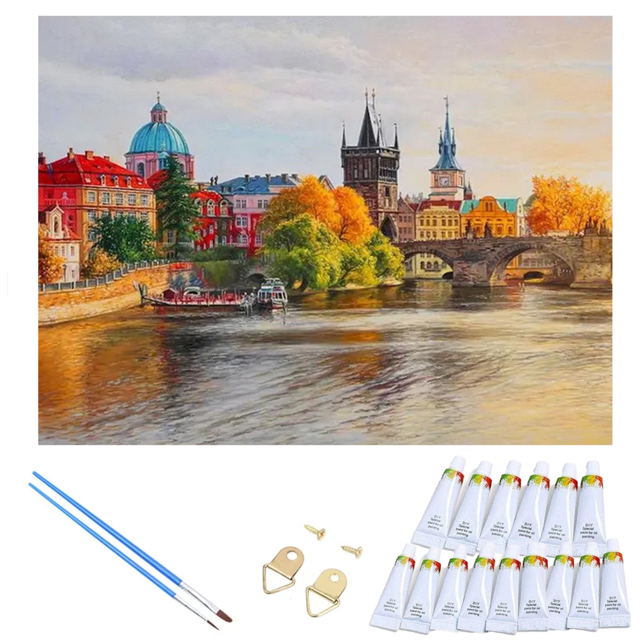LaCute Malen nach Zahlen Prag Malset – Kreatives Malen nach Zahlen mit Rahmen 30x40cm (Komplettes Malset: Kreatives Malen nach Zahlen mit Rahmen und Farben, Malen nach Zahlen Set: Leinwand 30x40cm, Acrylfarben, Pinsel, Rahmen), Prag Malset: Hochwertige Leinwand 30x40cm mit Acrylfarben & Rahmen