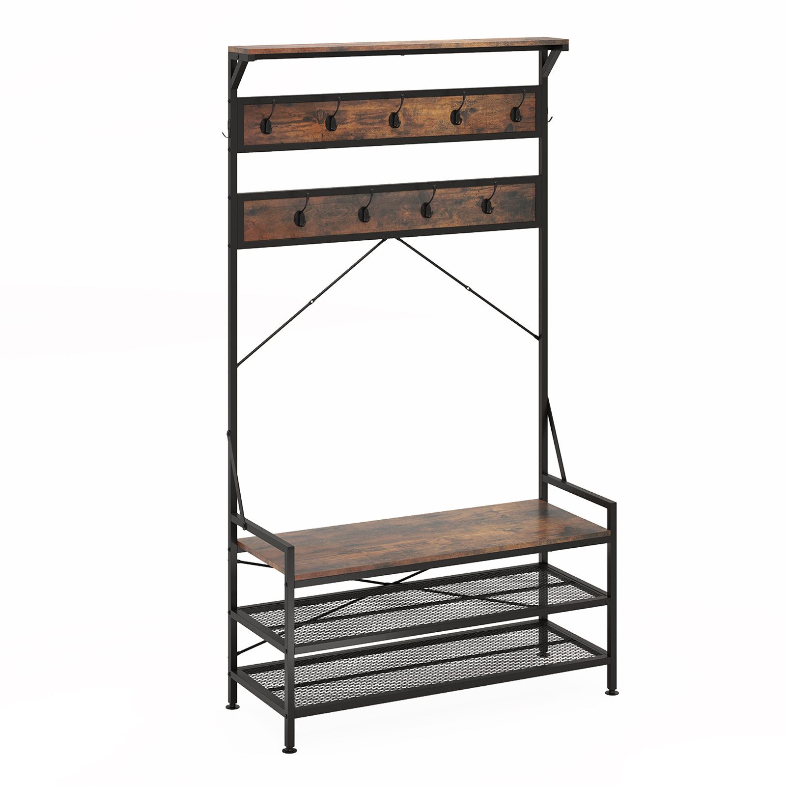 COSTWAY Kleiderständer, mit Sitzbank, Schuhregal mit Garderobe, 11 Haken 184cm