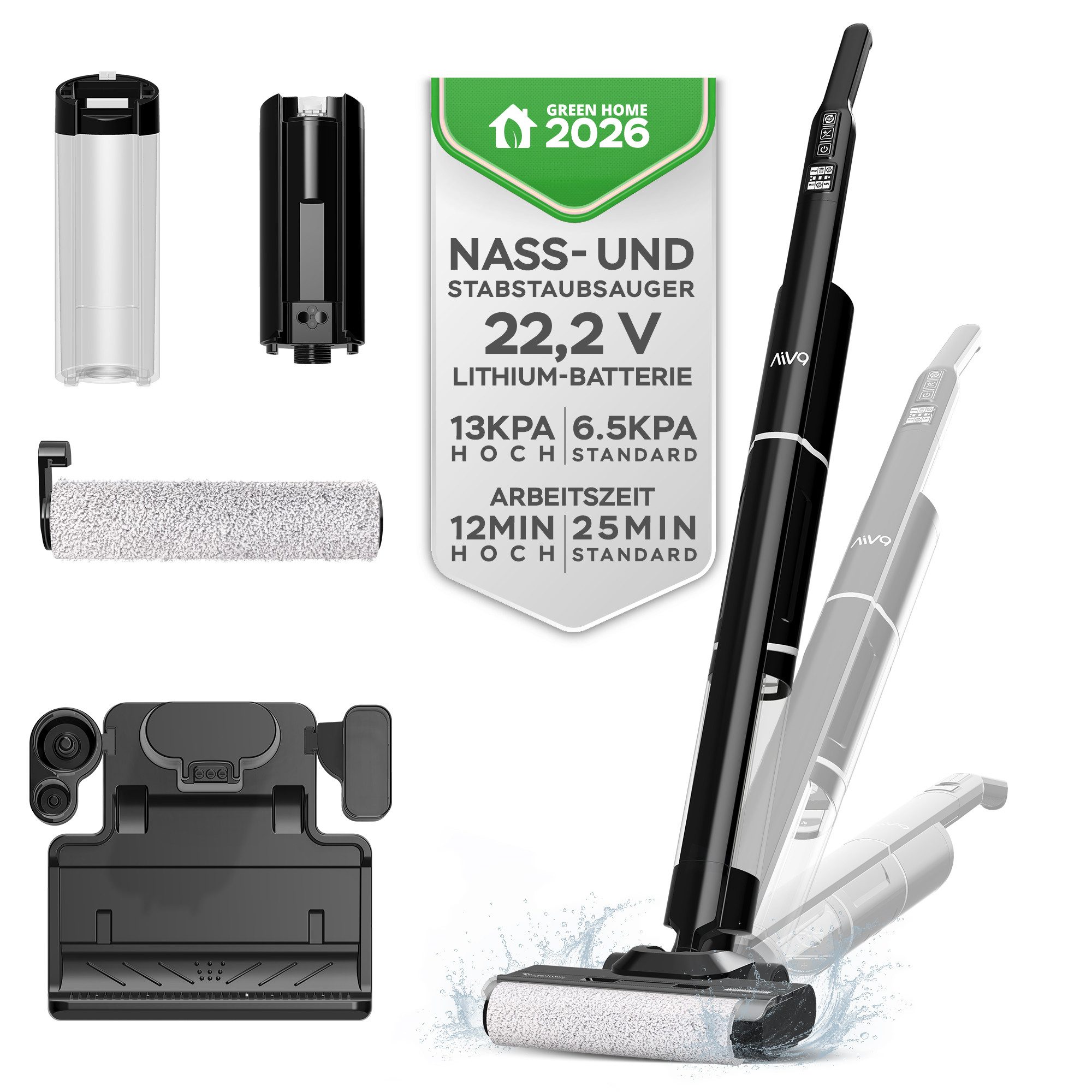 TurboTronic by Z-Line Akku-Hand-und Stielstaubsauger 13 kPa Nass- & Trockensauger 2in1 Saugen Wischen kabellos, 150 W, Schmutzwasertank, 22,2 V Lithium Akku 25 Min Laufzeit 150 W 700 ml HEPA