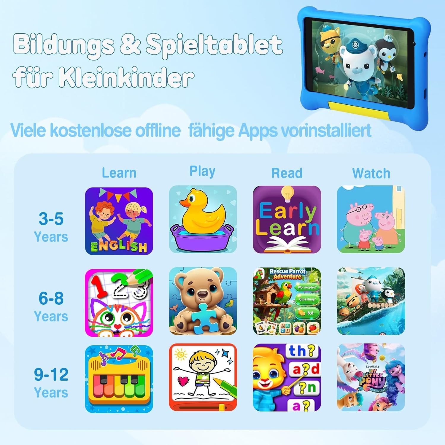 SpionProfi Lerntablet 7 Zoll Kinder Tablet Touchscreen Lernspiele Bluetooth Wifi PC, (1-tlg), Touchscreen Kinder Tablet mit Lernspiele & Kindersicherung